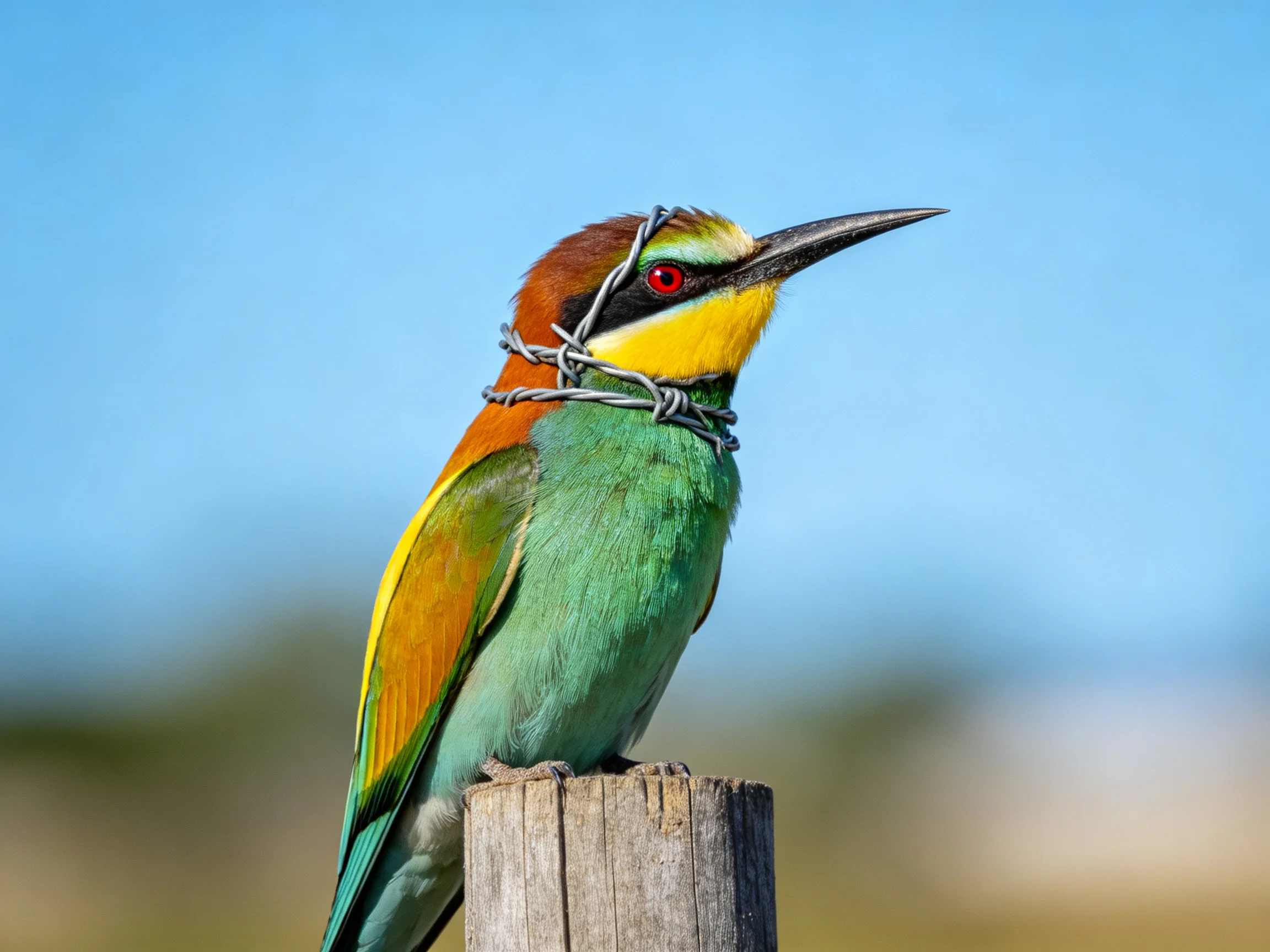 Colorful bee-eater entangled in barbed wire atop a wooden post