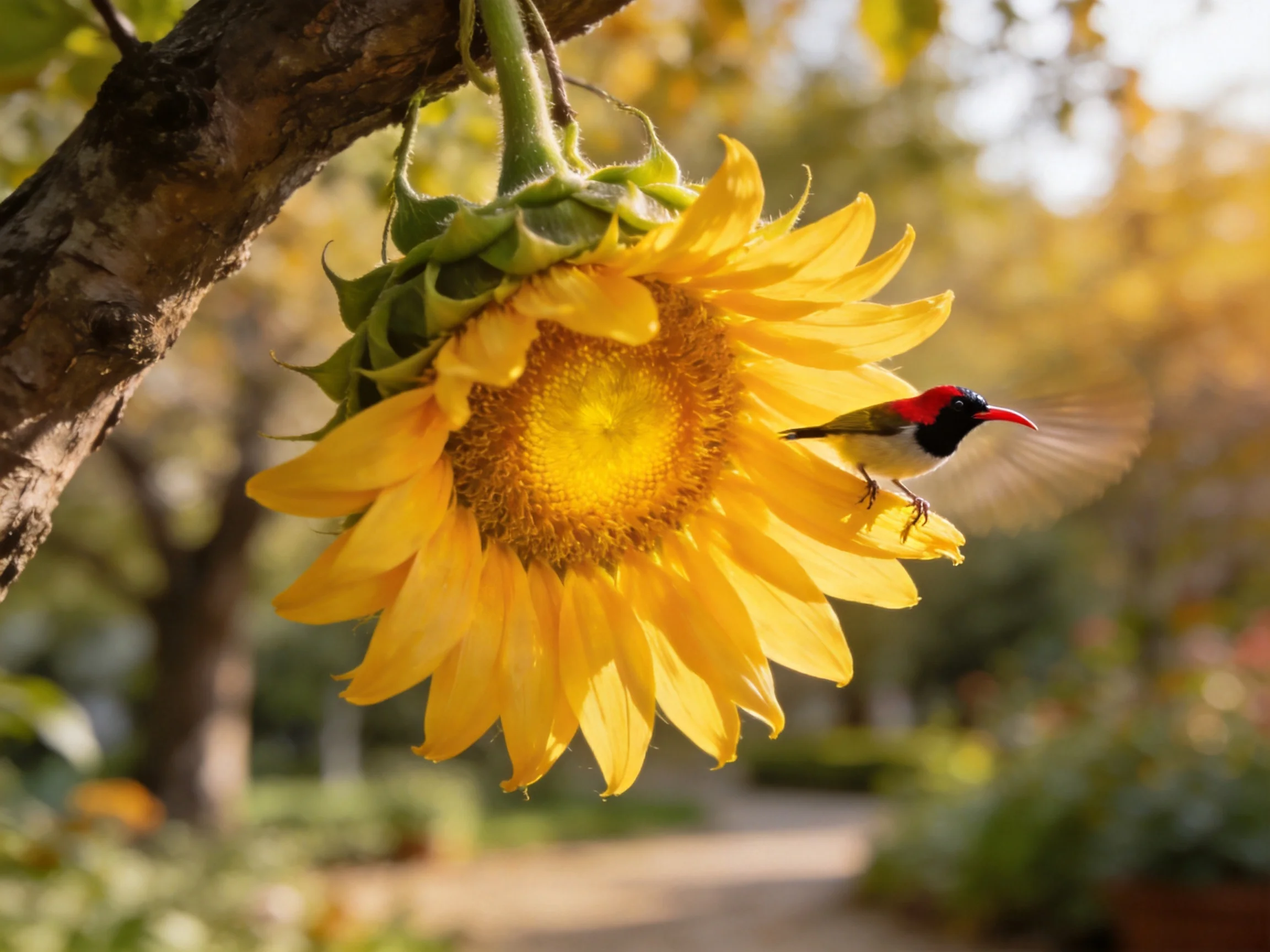 Colorful bird near vibrant sunflower hanging from tree branch