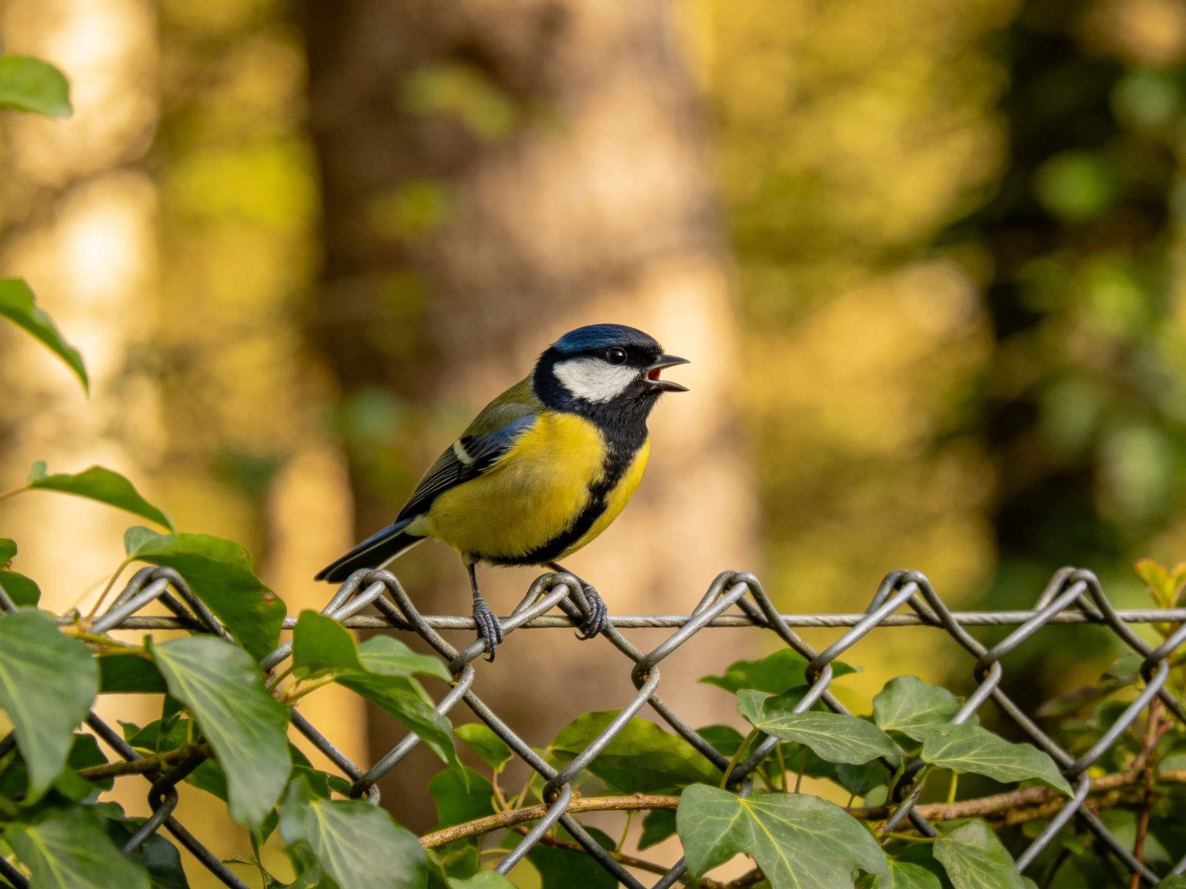 Colorful bird perched on chain-link fence with green foliage