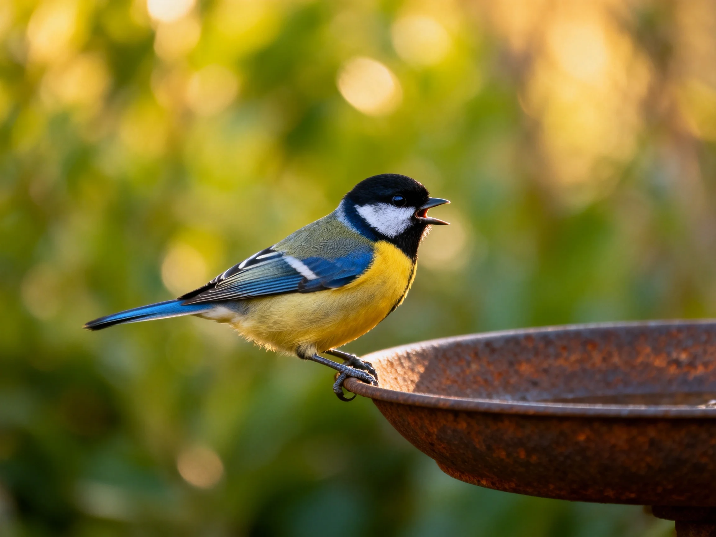 Colorful bird perched on rusted metal dish amid greenery