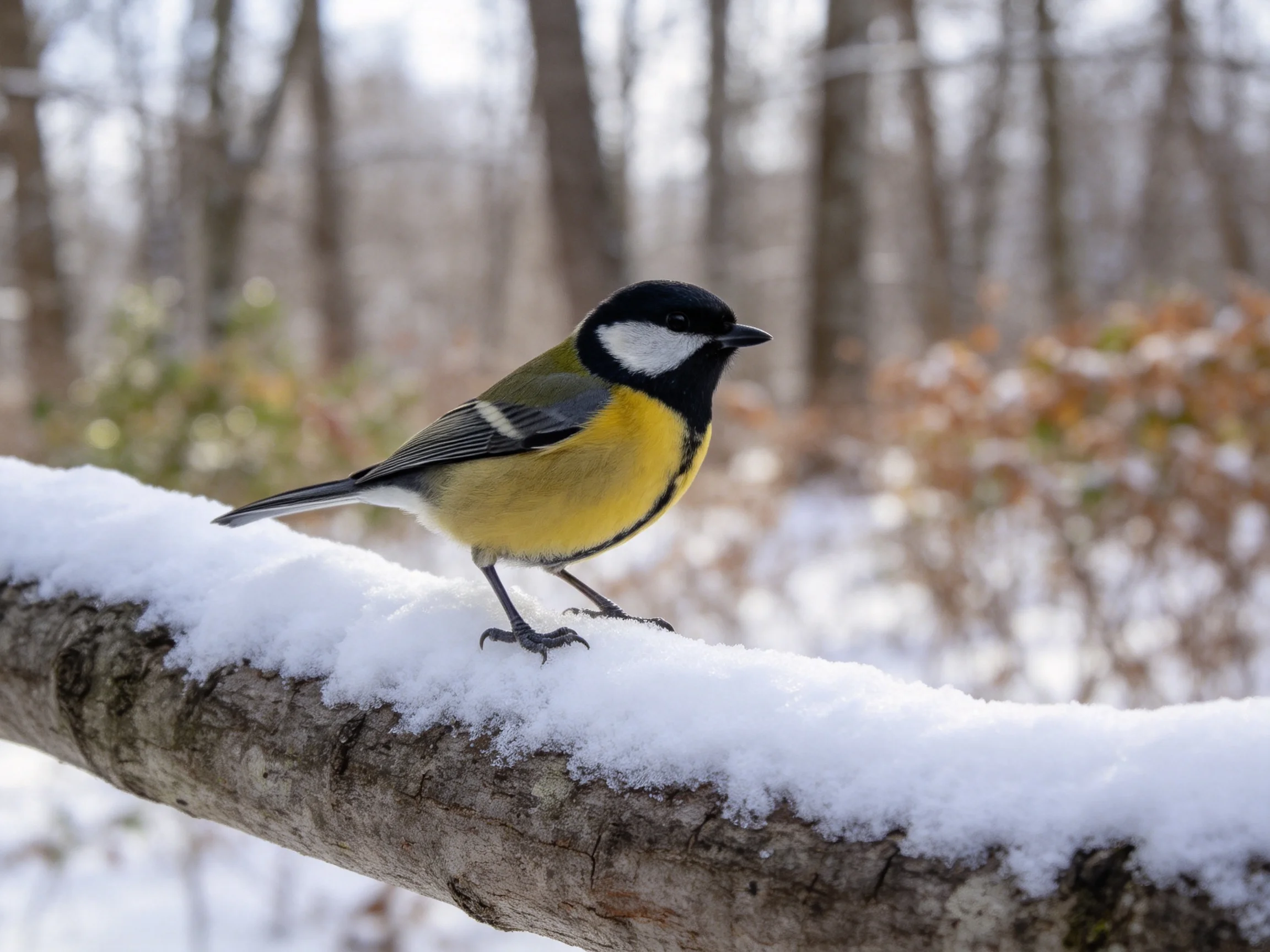 Colorful bird perched on snow-covered branch in wintry forest