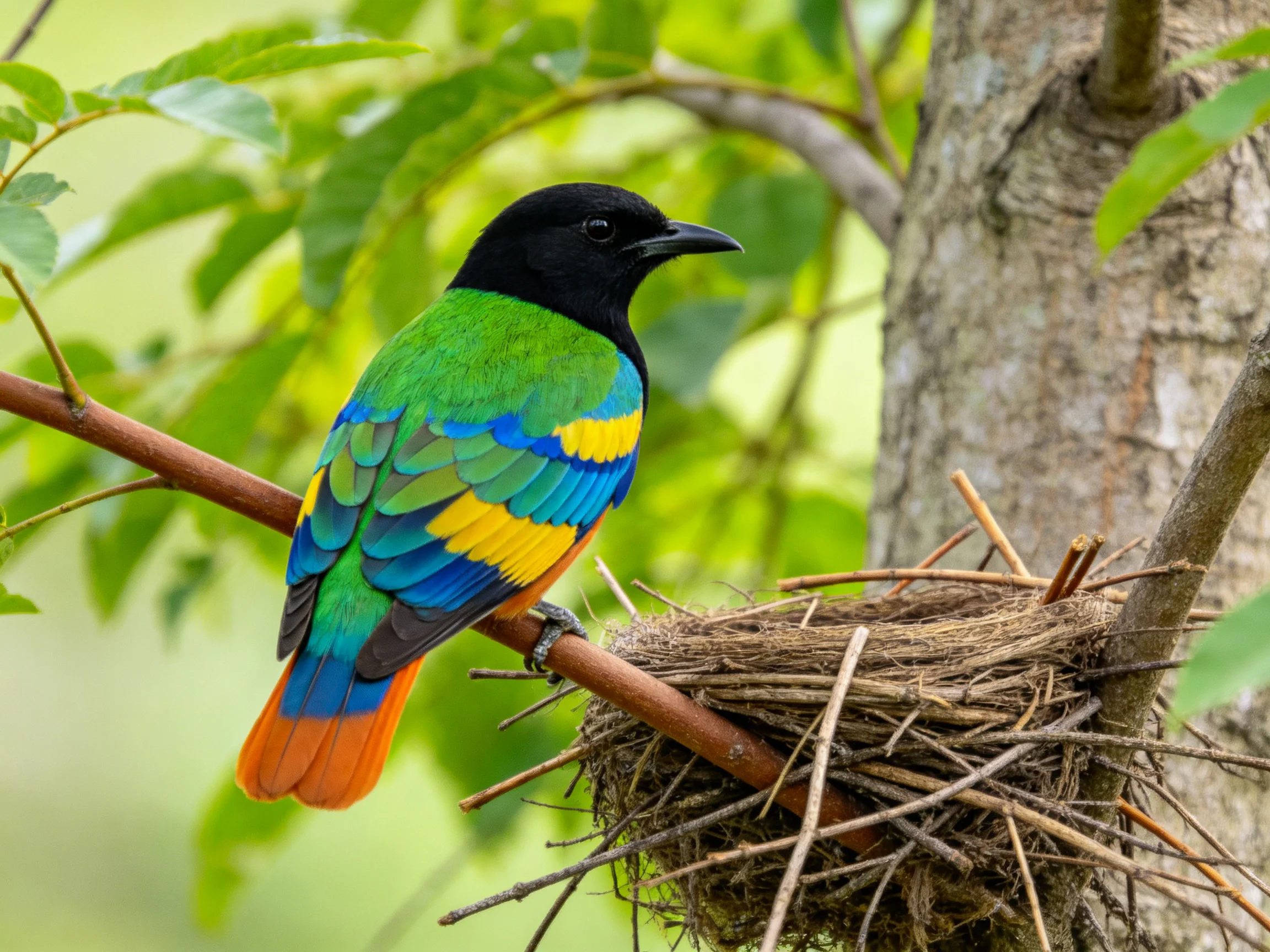 A colorful bird with multicolored plumage sits beside a twig nest.