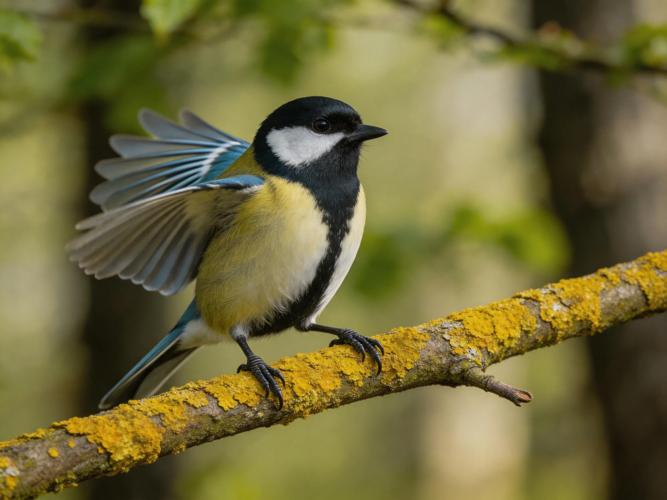 Multicolored bird rests on lichen-covered branch in trees.