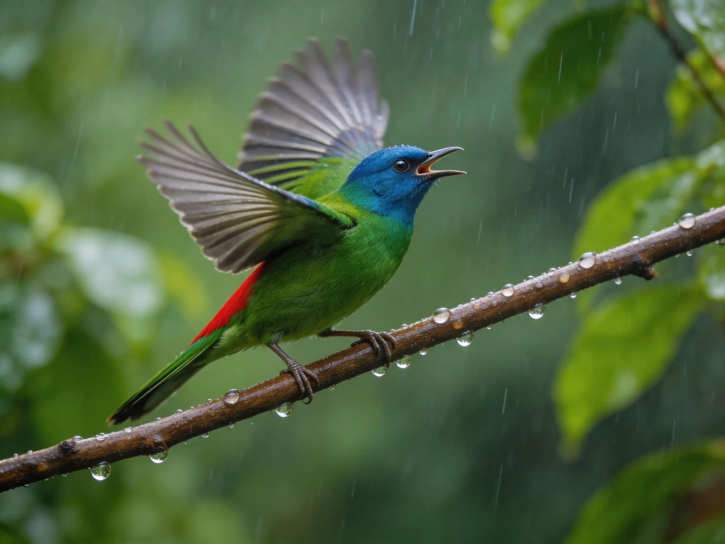 A vibrantly colored bird perches on a rain-drenched branch amid greenery.