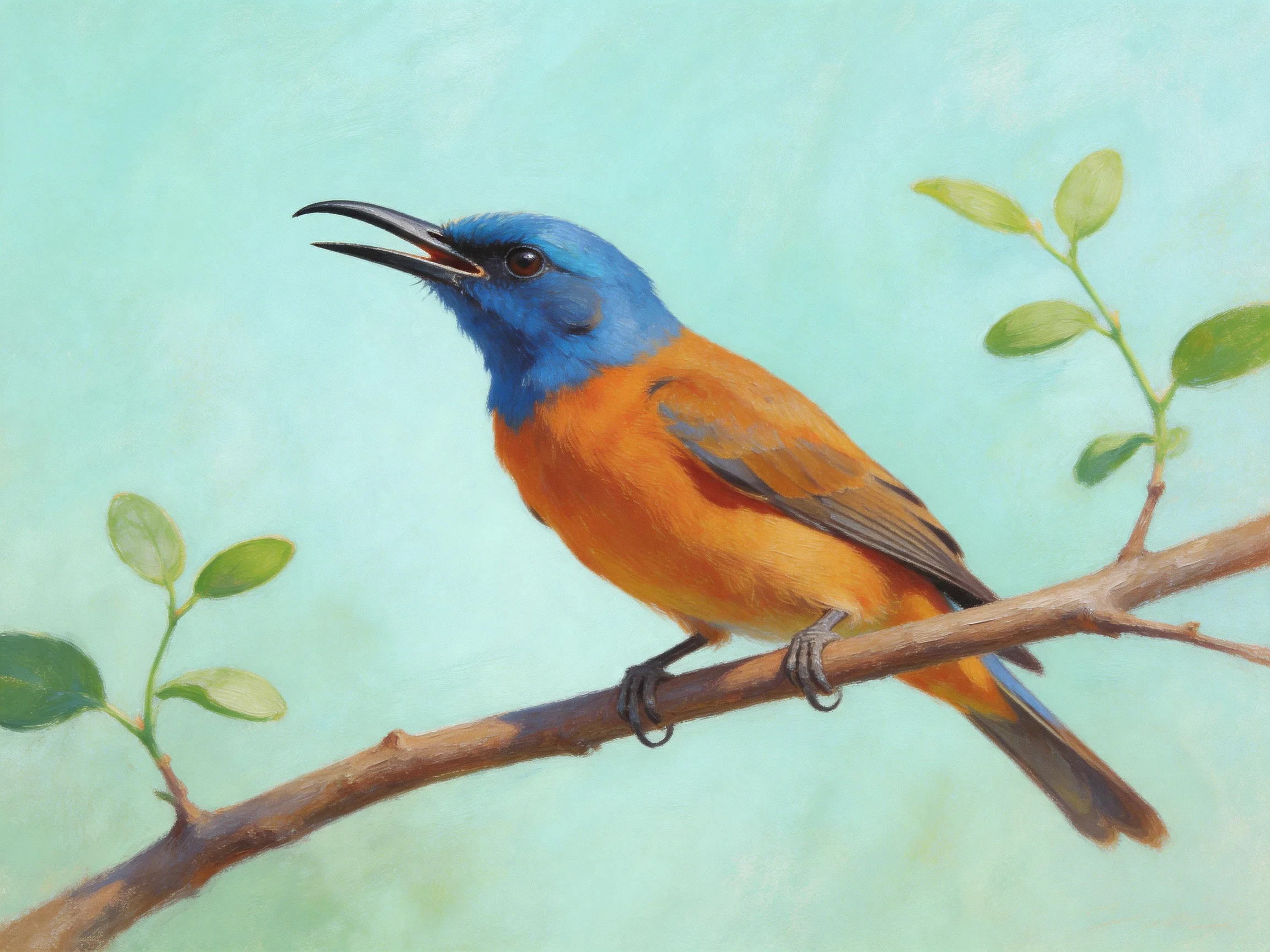 Colorful blue-headed and orange-bodied bird perched on a branch