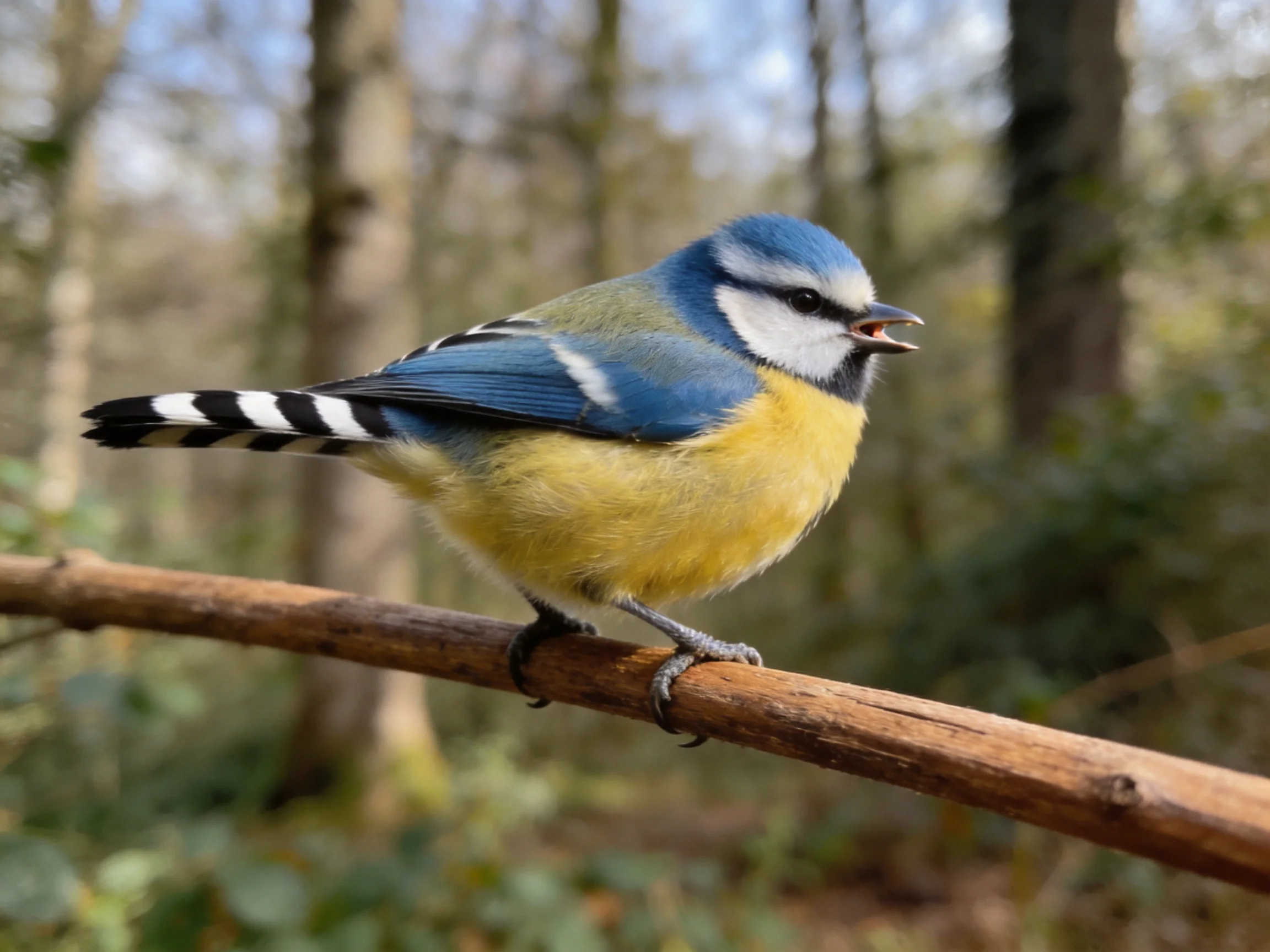 Colorful blue-headed bird perched on a wooden branch in a forest