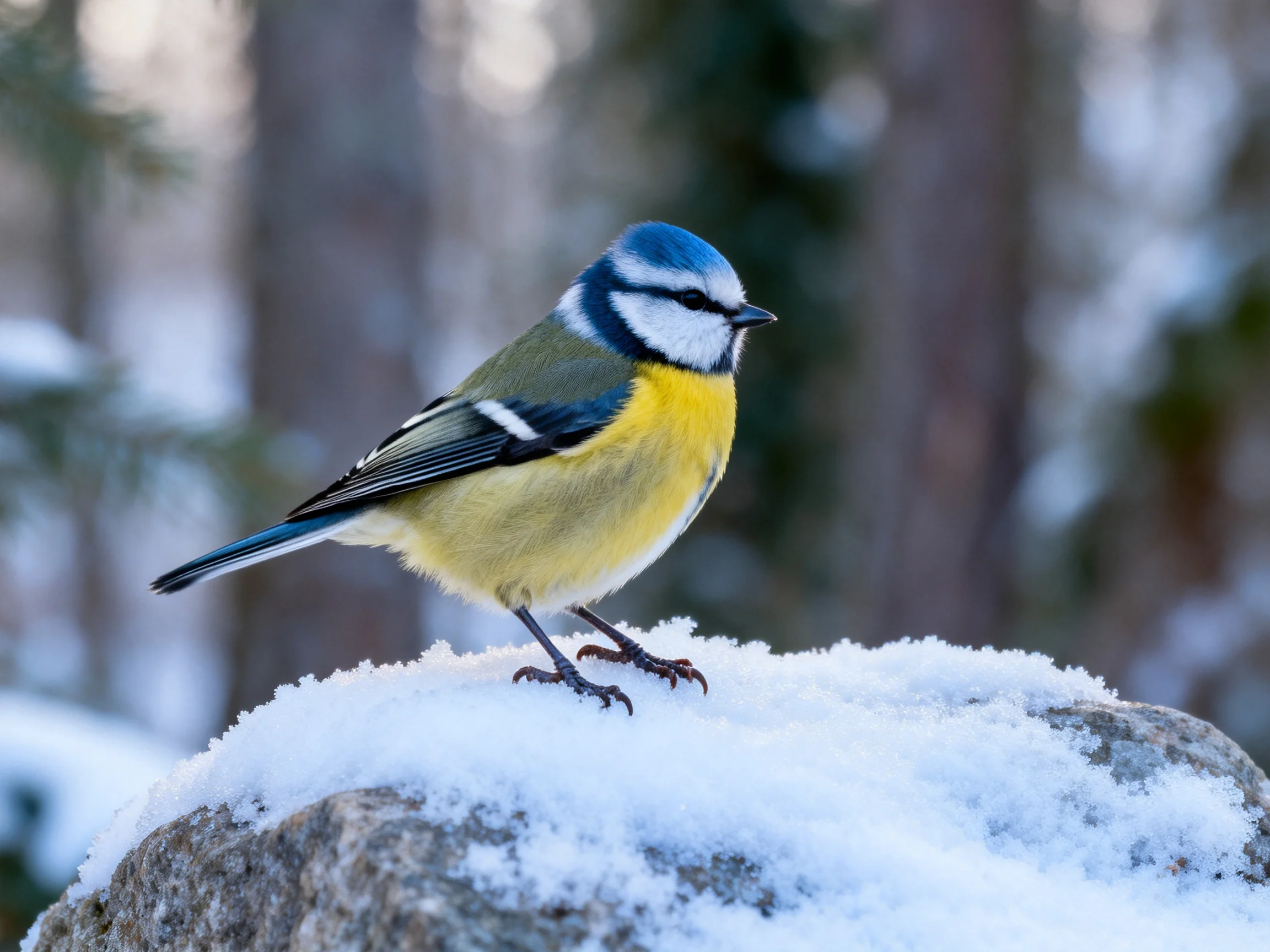 Colorful blue tit perched on snowy rock in wintry forest