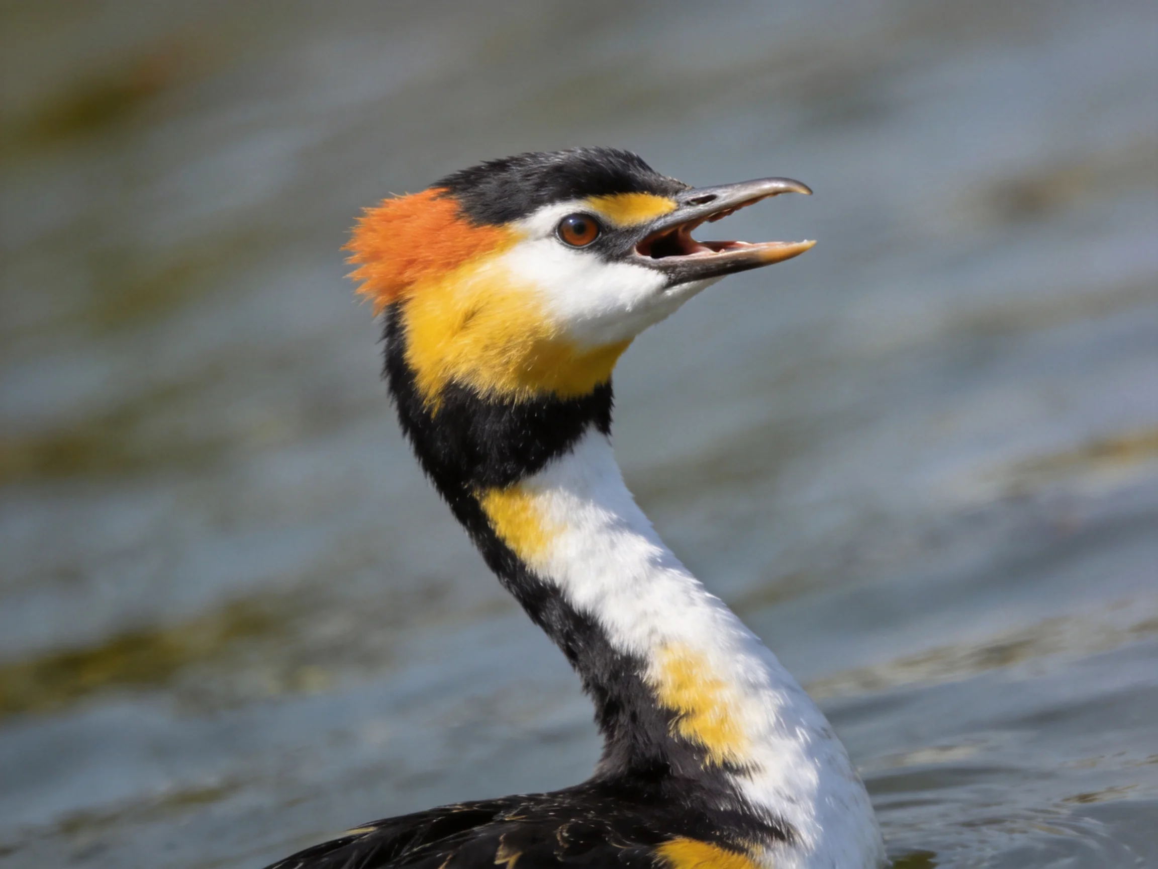 Colorful crested grebe displaying vibrant orange, yellow, and black plumage in water