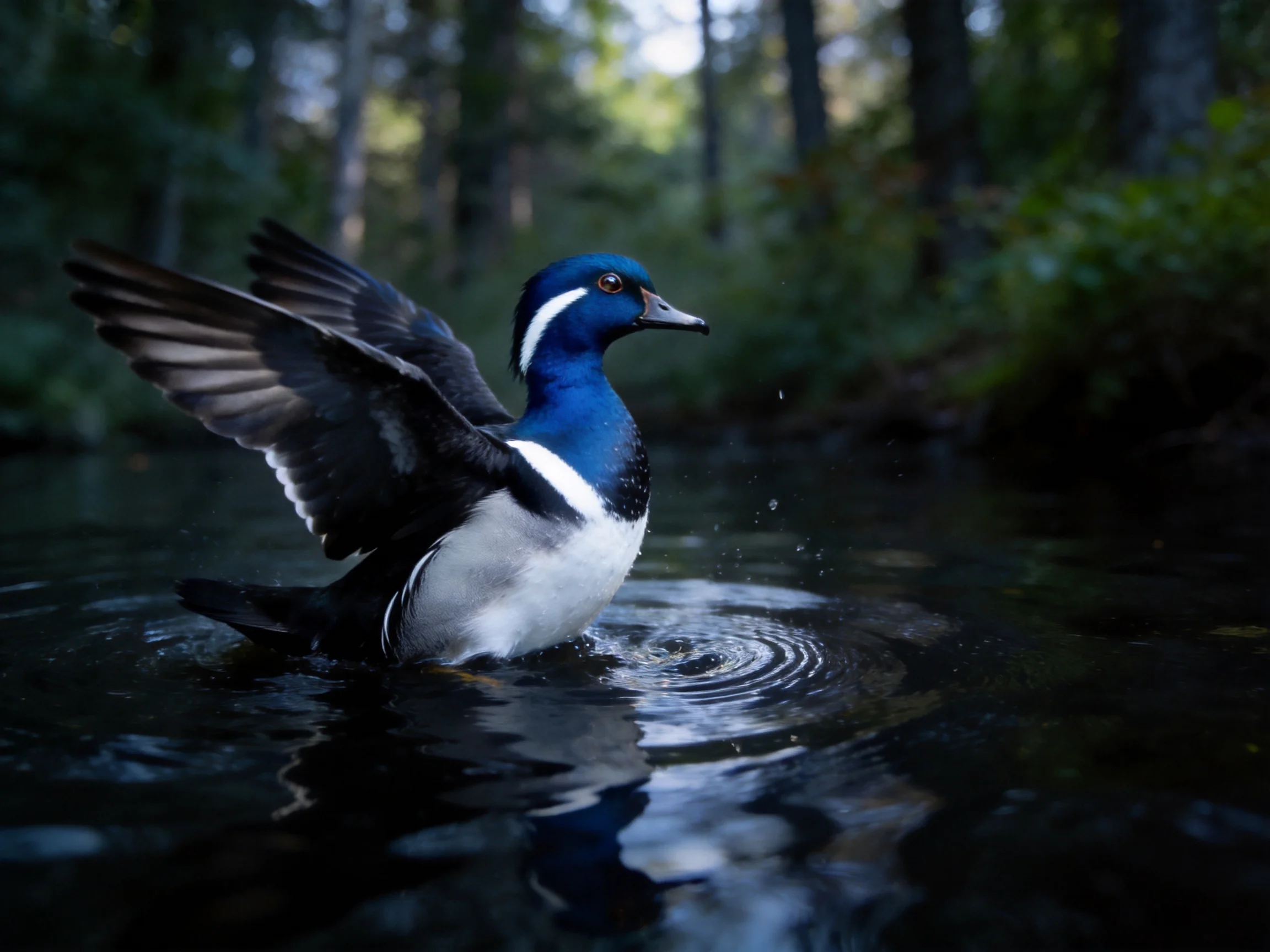 Duck creates ripples while spreading wings in forest water