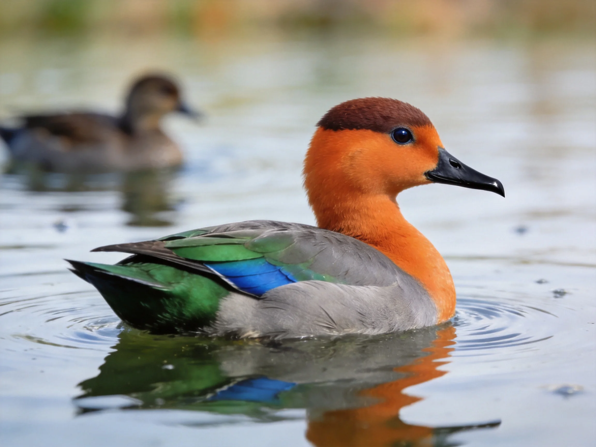 Colorful duck swimming near a gray companion in calm water