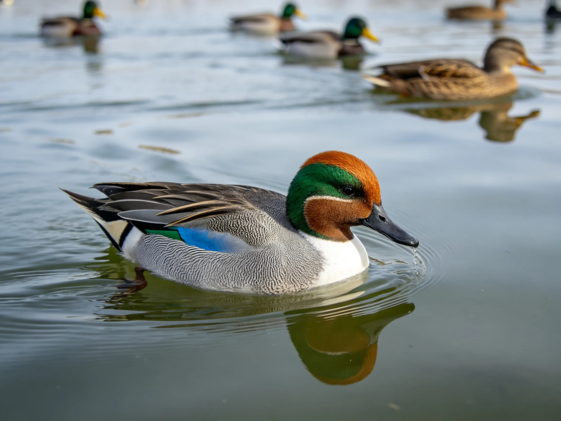 Colorful ducks with diverse plumages swim in calm water