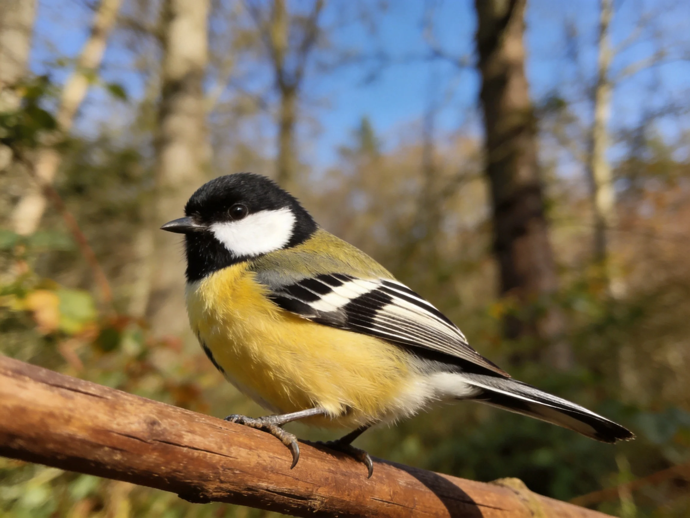 Colorful great tit perched on wooden branch among trees