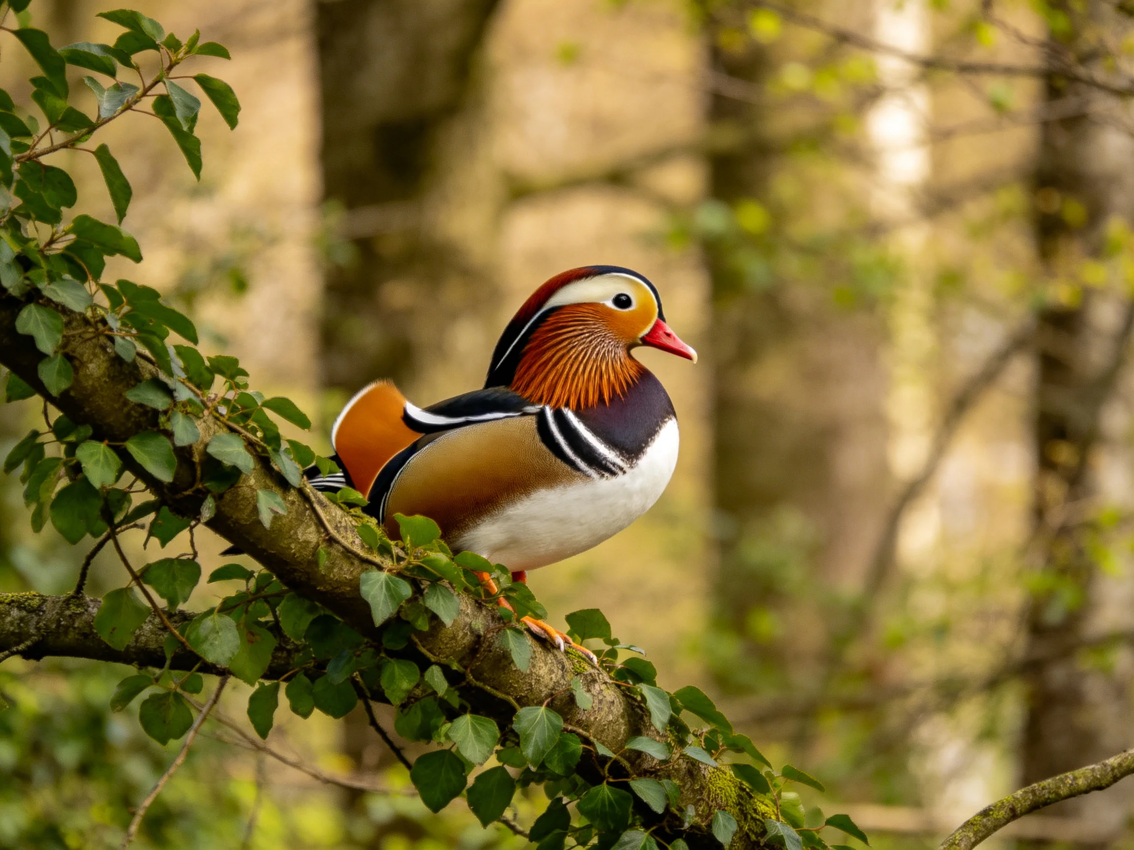 Colorful mandarin duck perched on vine-covered branch