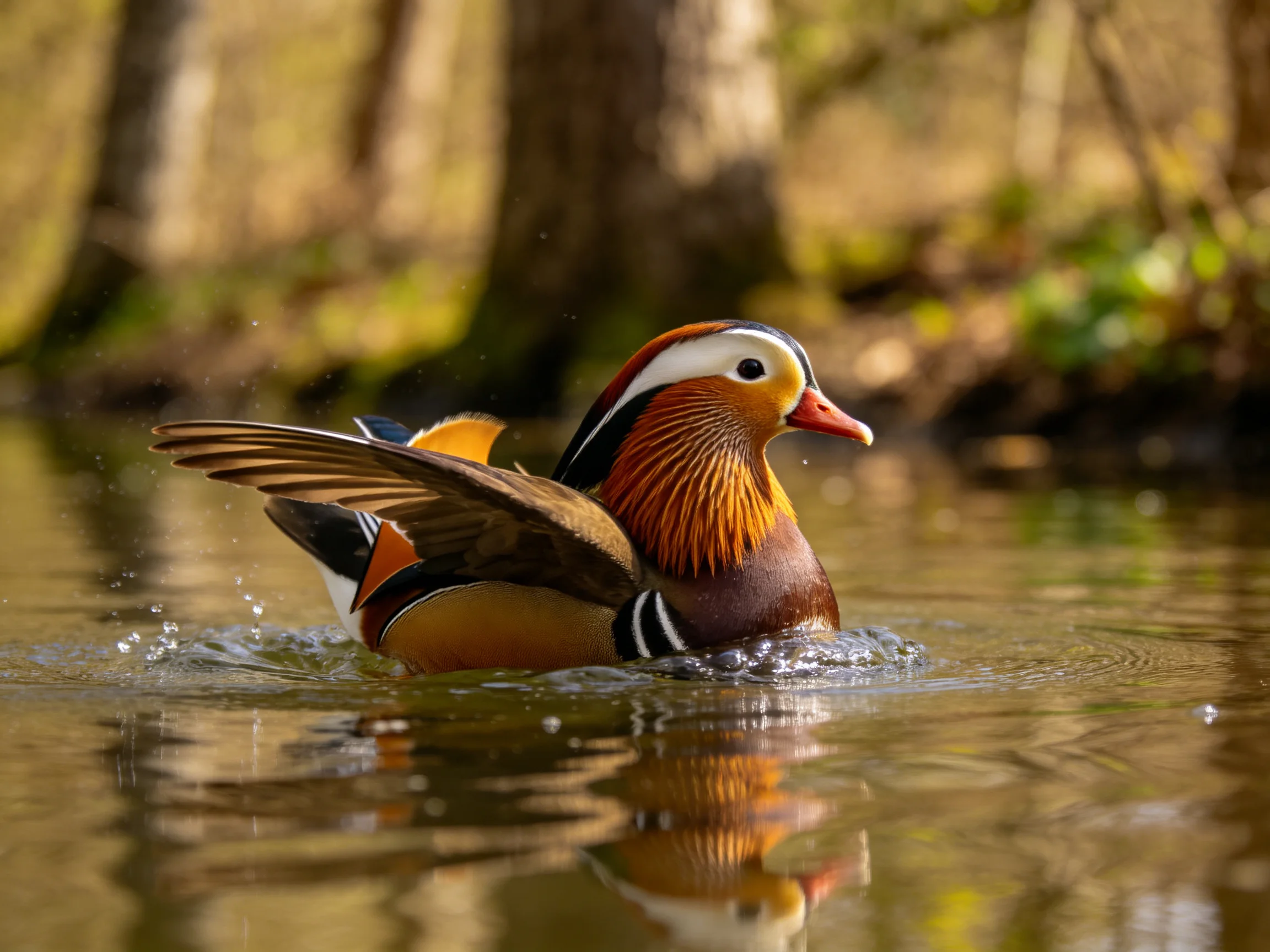 Colorful mandarin duck swimming in forest pond waters