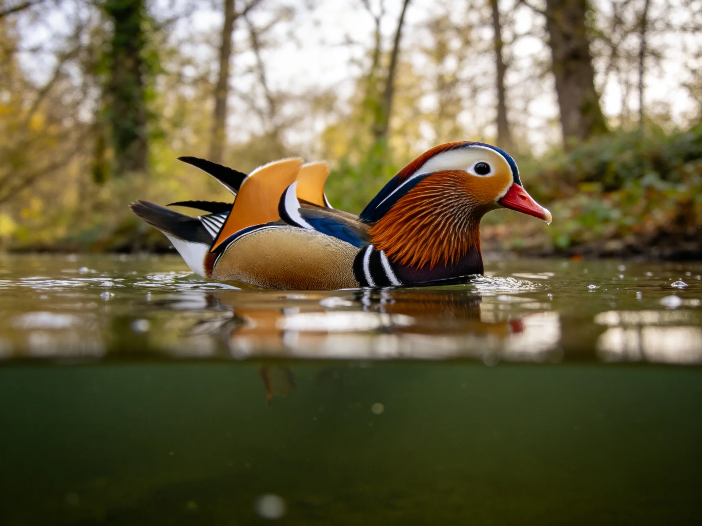 Colorful mandarin duck swimming in forest pond waters