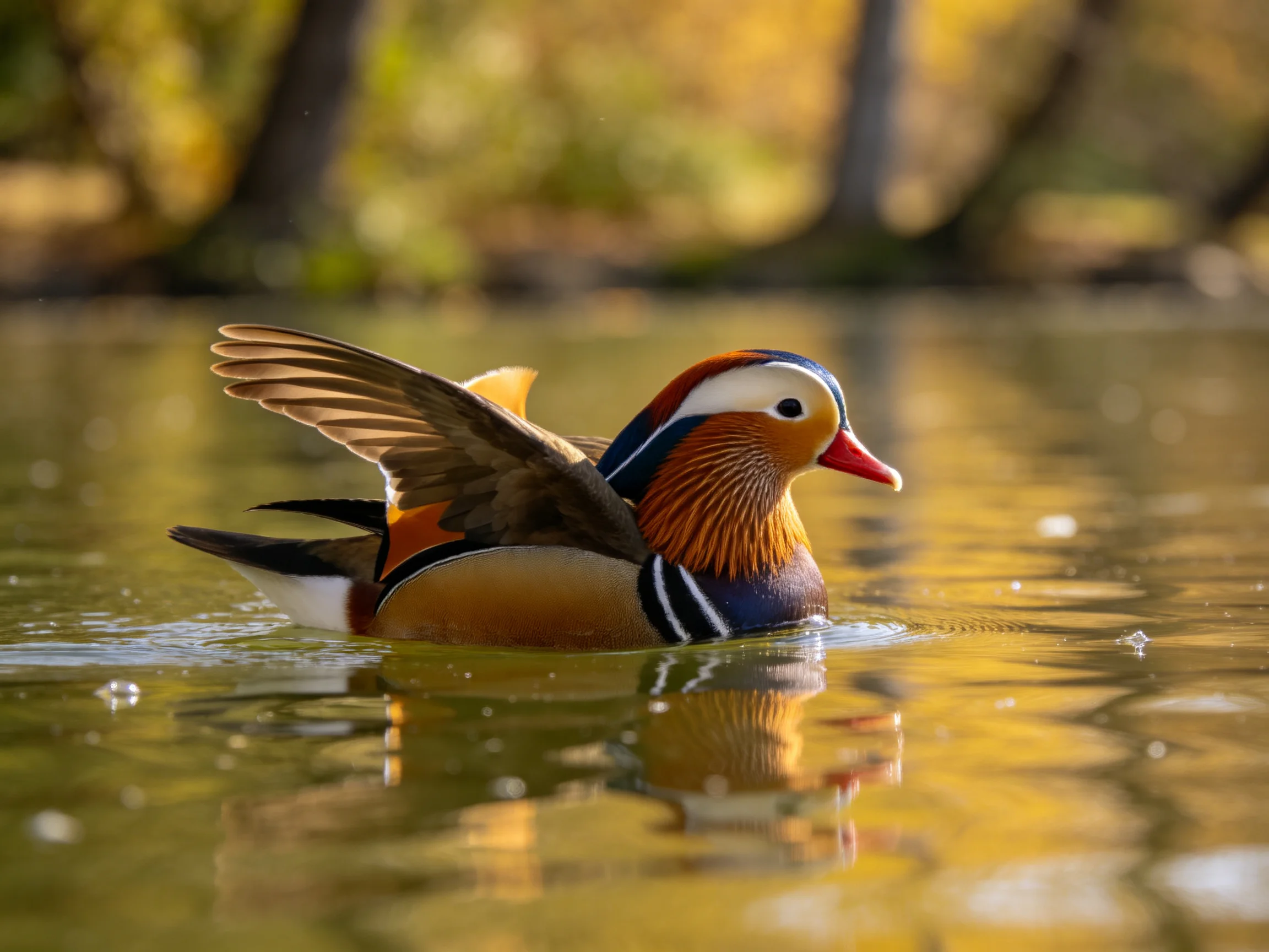Colorful mandarin duck swimming in golden water