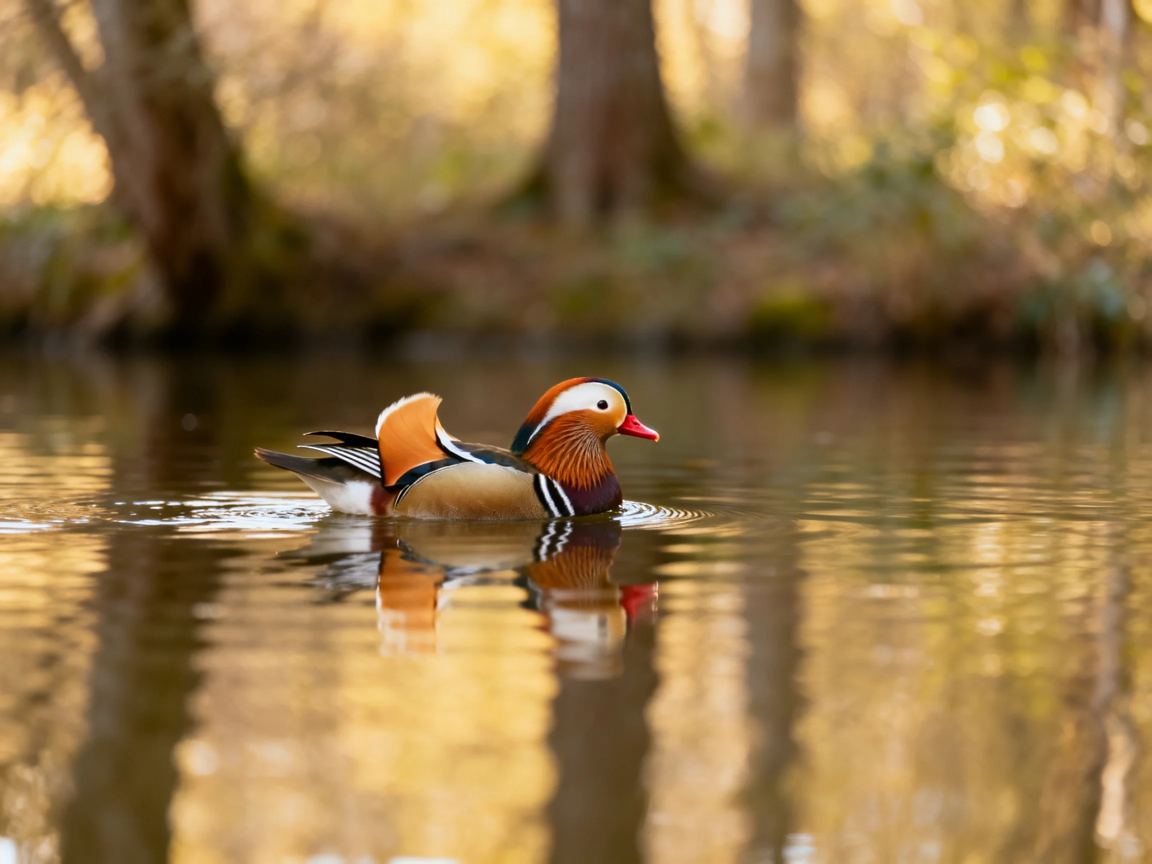 Colorful mandarin duck swimming in reflective forest water