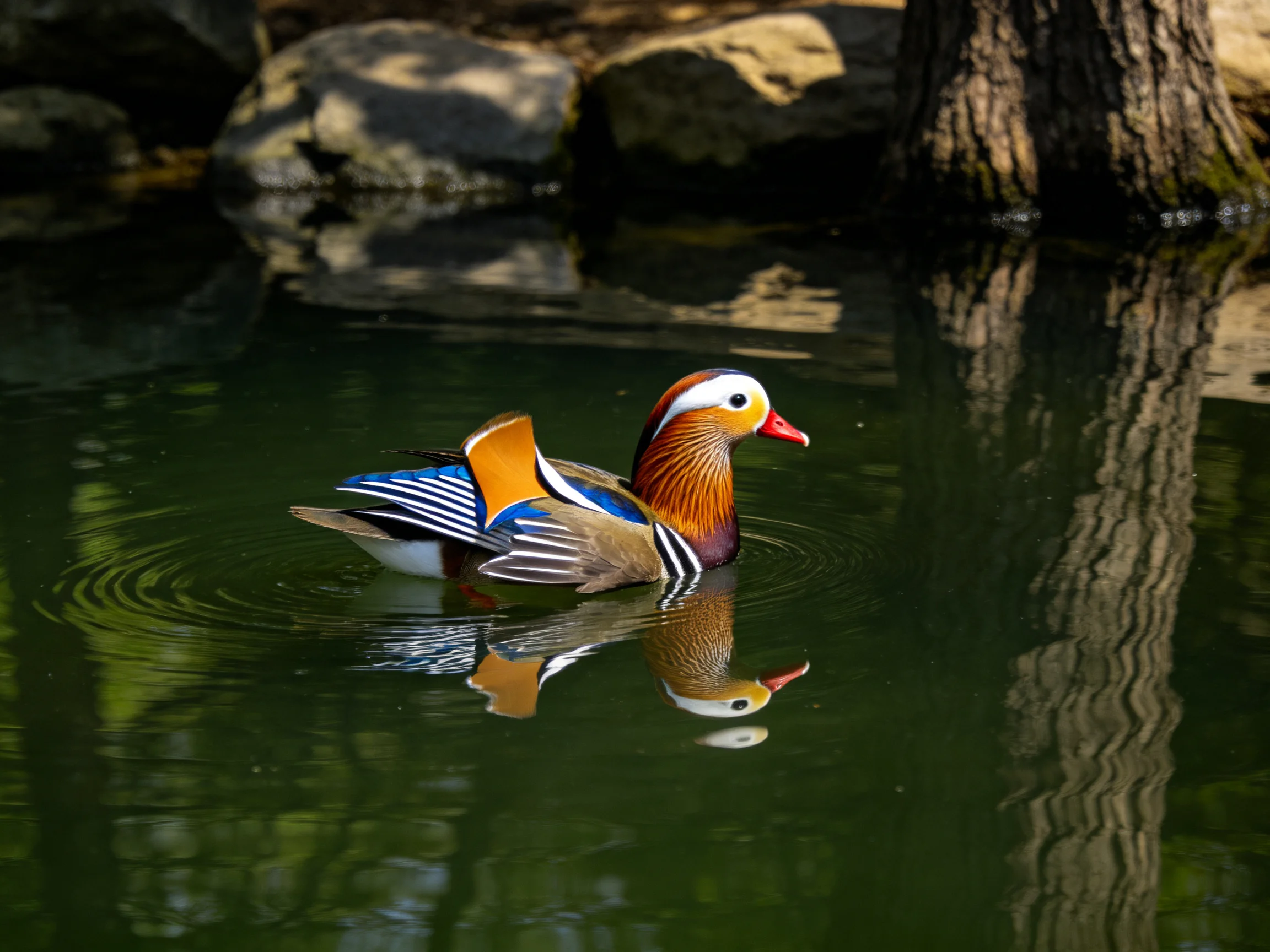 Colorful mandarin duck swims in calm green water near rocks