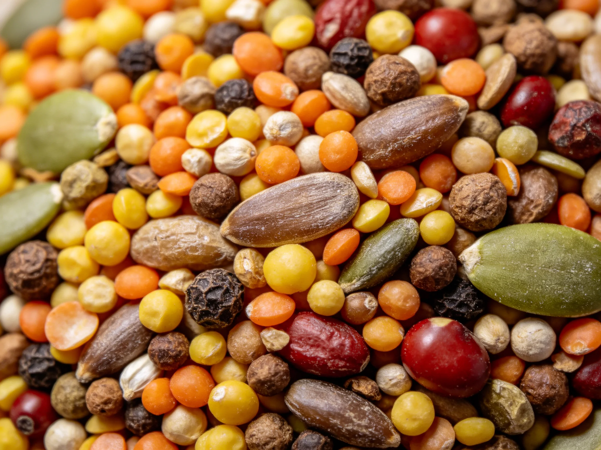 Colorful mix of seeds, grains, and legumes in close-up detail