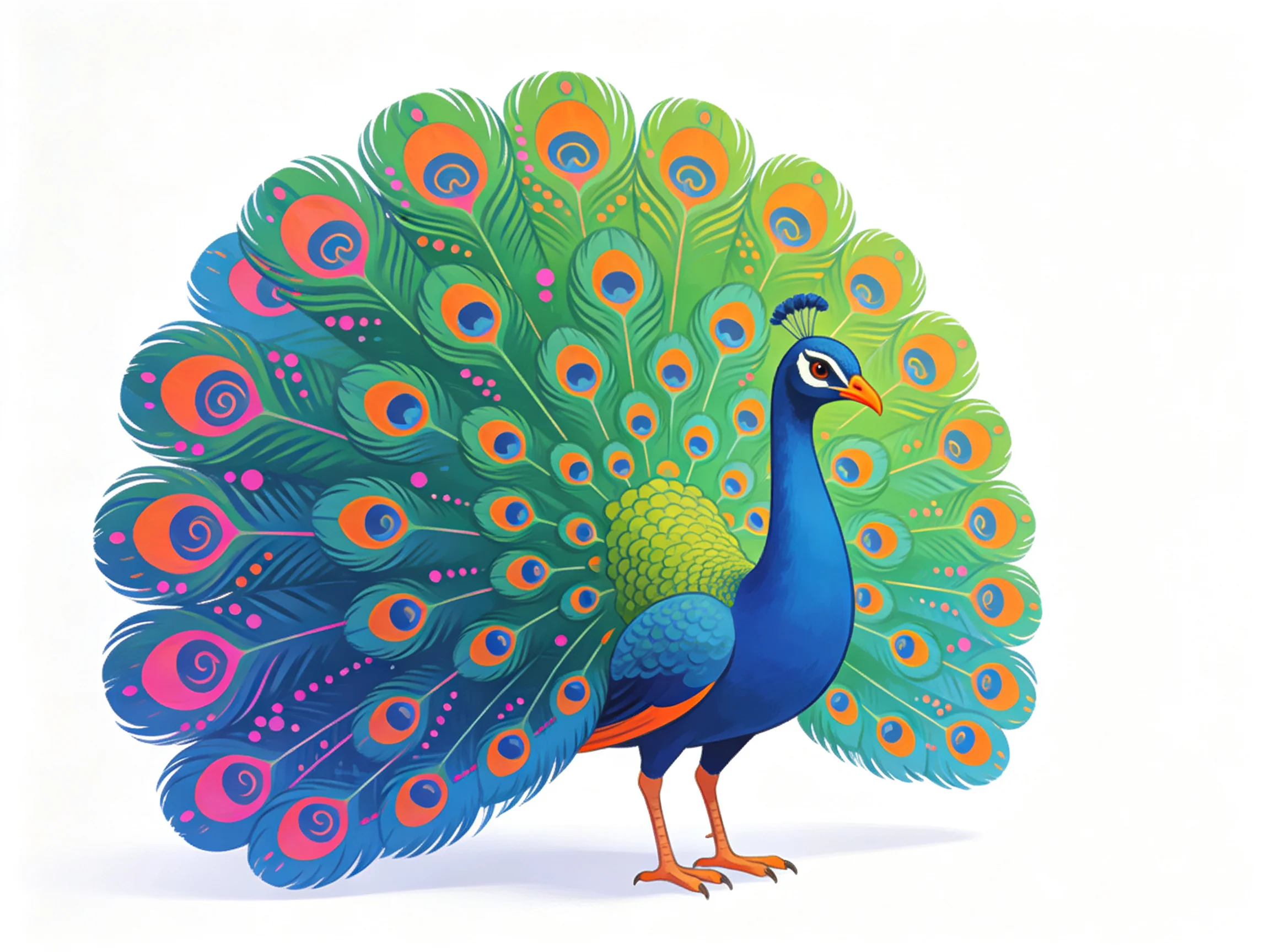 Colorful peacock with fanned - out iridescent tail feathers