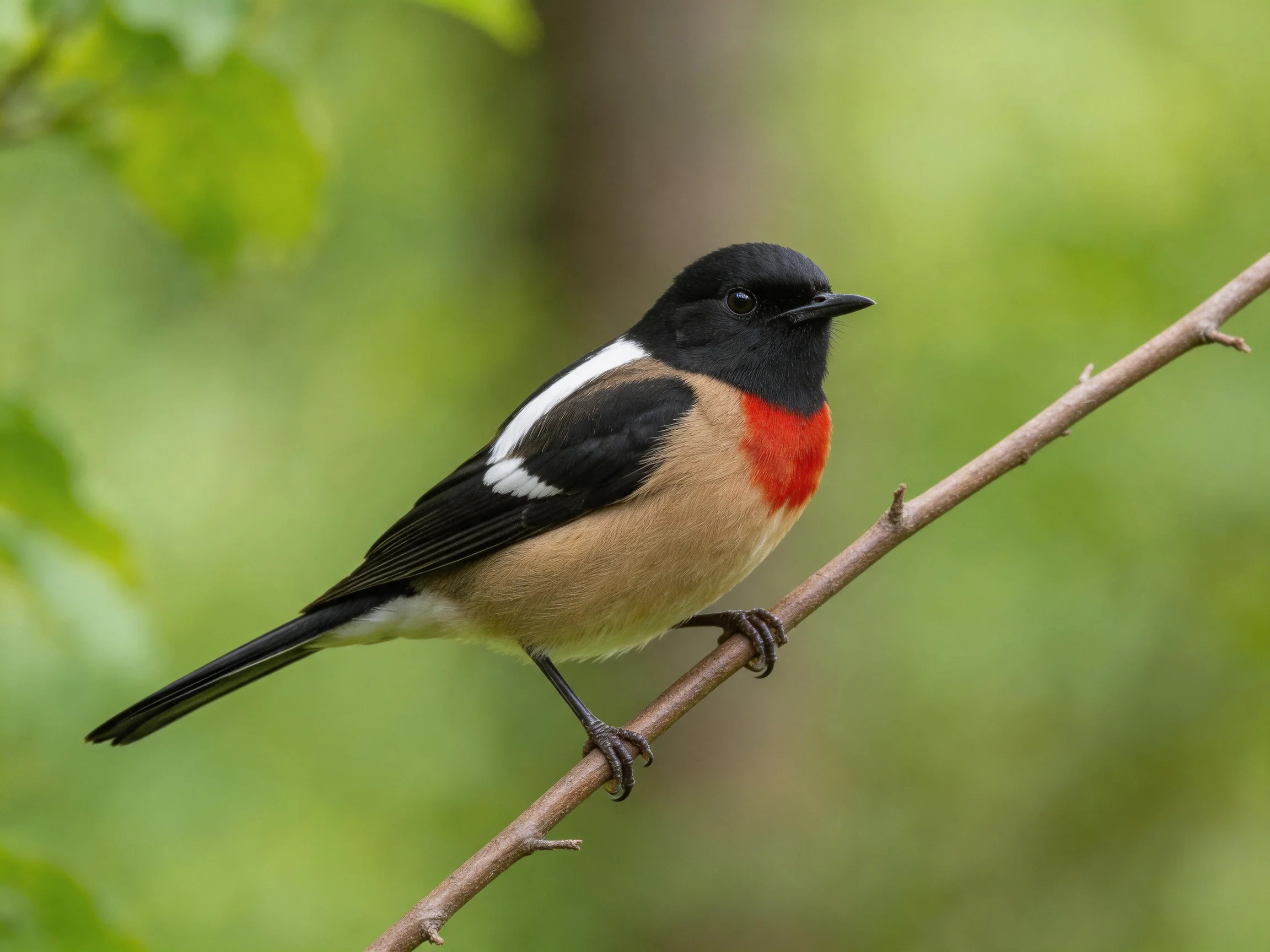 A vibrantly colored small bird rests gracefully on a slender tree branch.