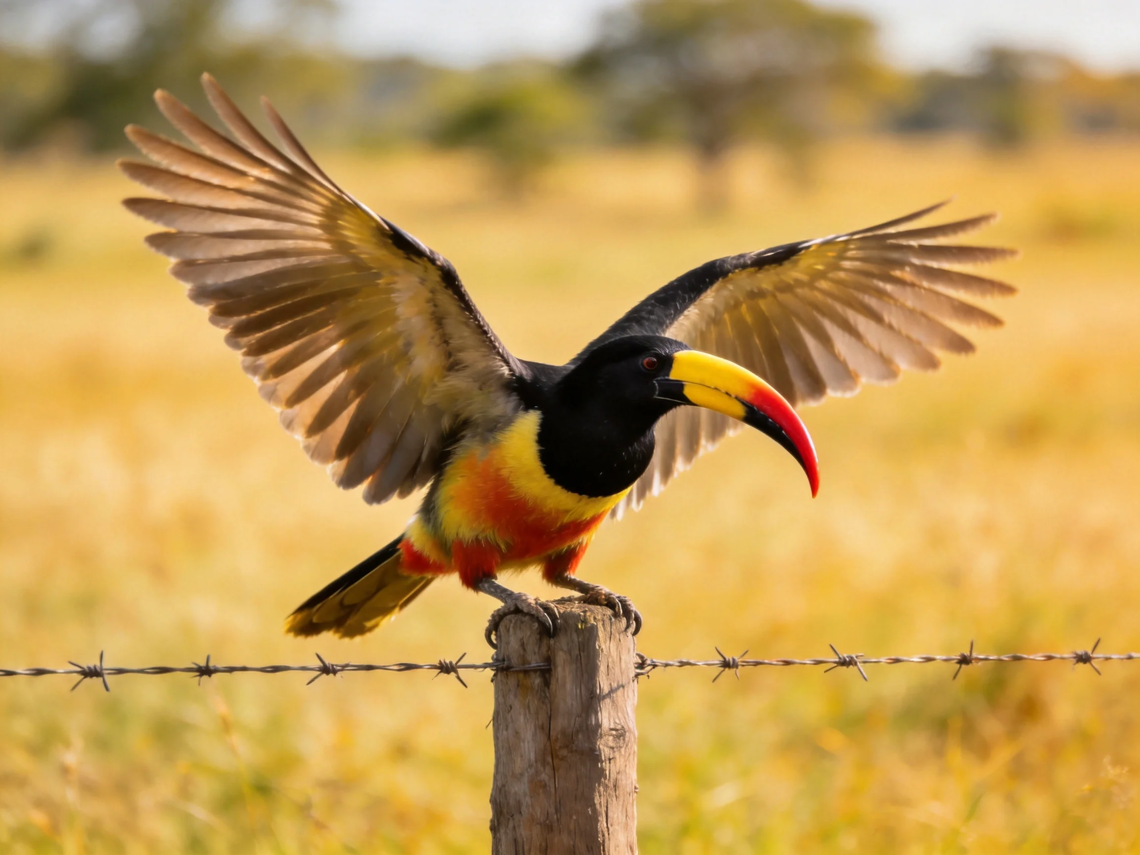 Colorful toucan spreads wings on wooden fence post