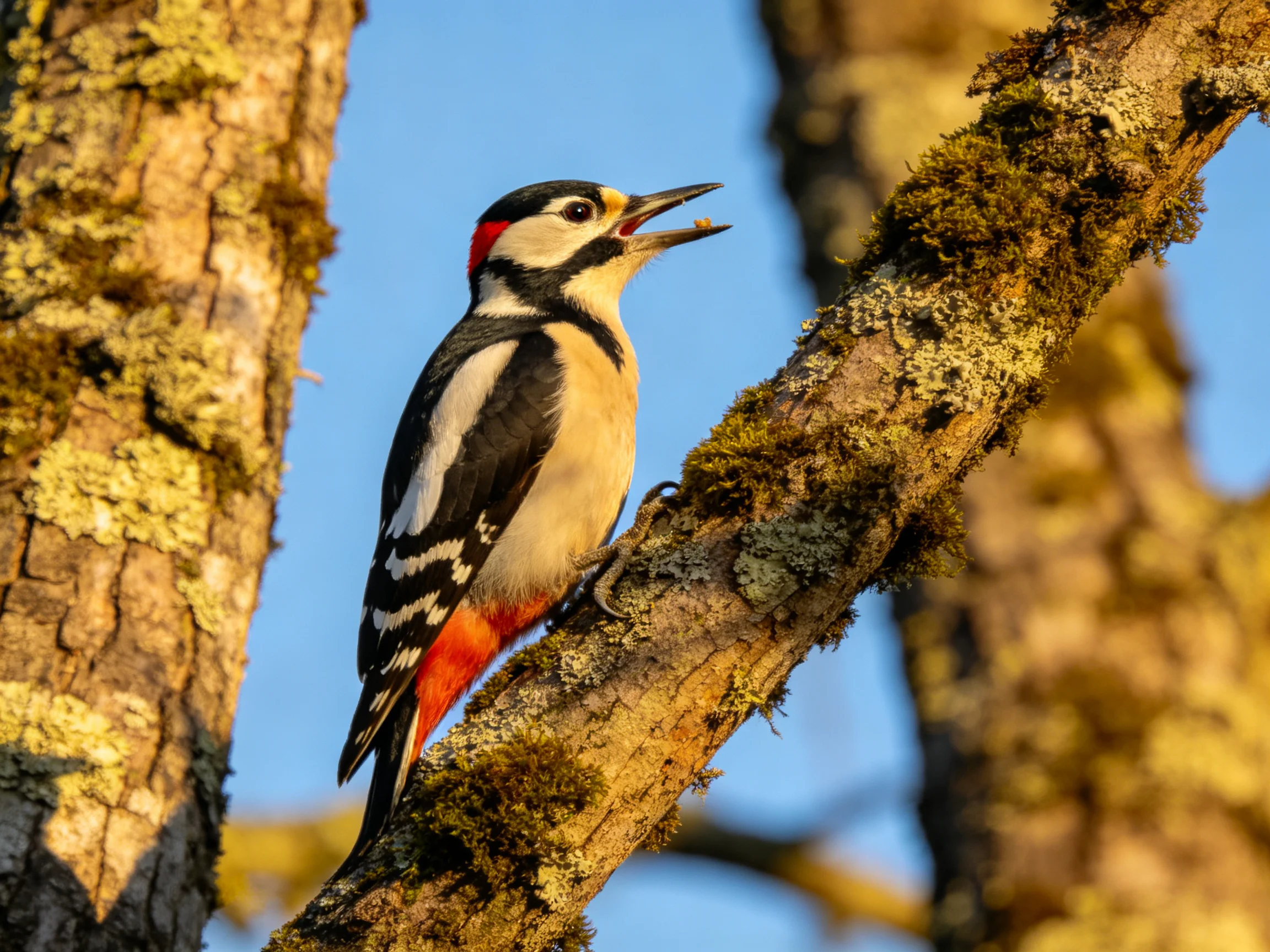 Colorful woodpecker perched on mossy tree branch
