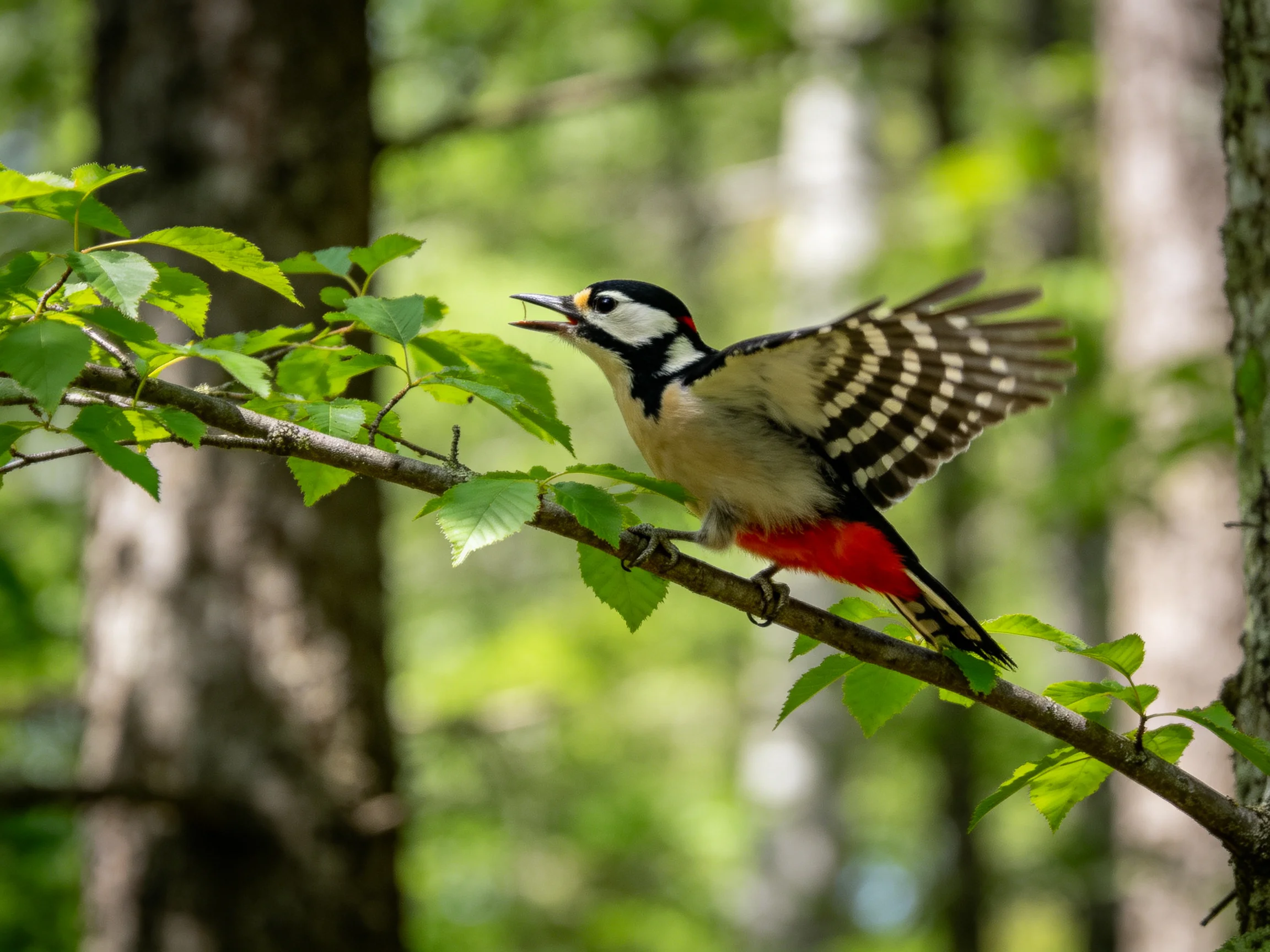 Colorful woodpecker with black, white, red plumage on a leafy branch