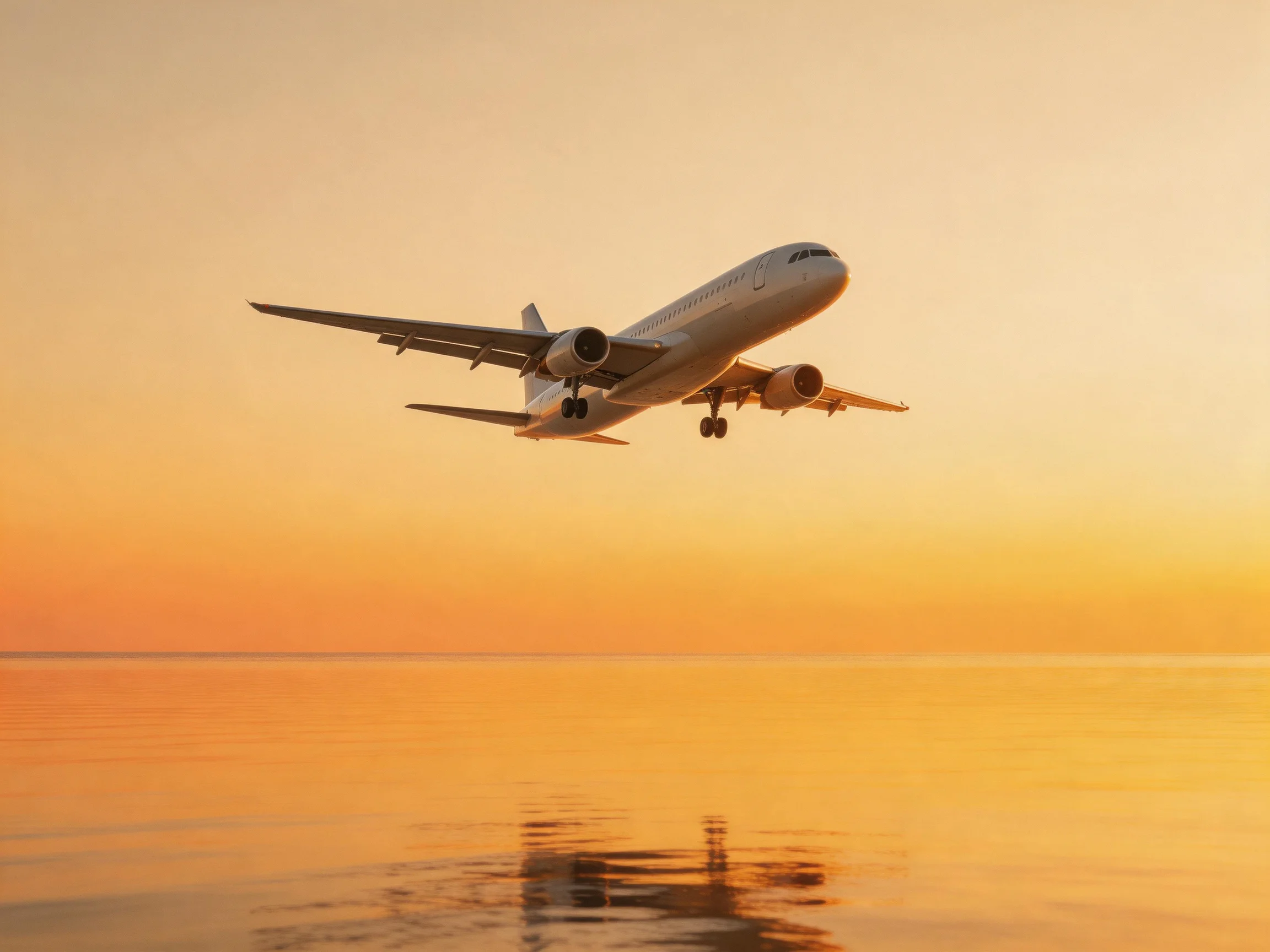 Commercial airliner taking off over ocean waters at sunset