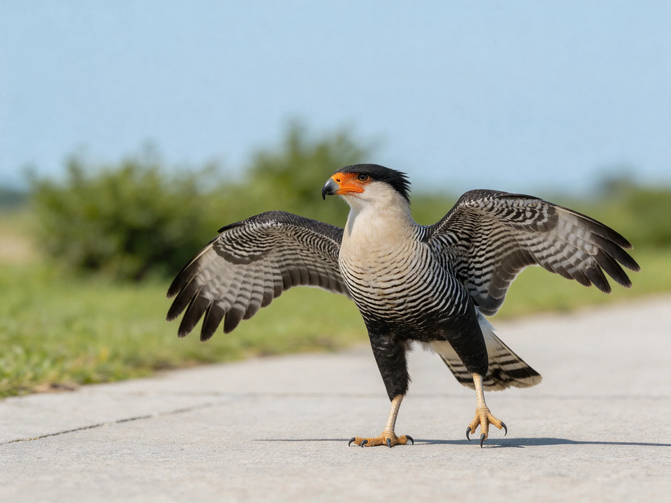 Crested caracara spreading wings on a concrete surface