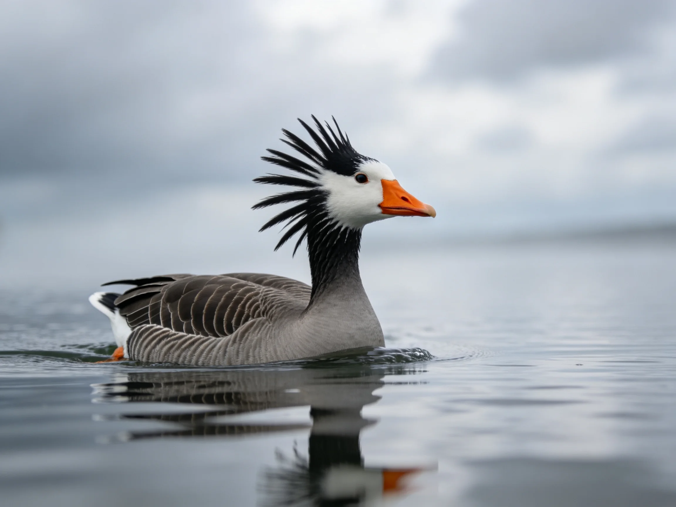 Crested goose with orange beak swimming on calm water