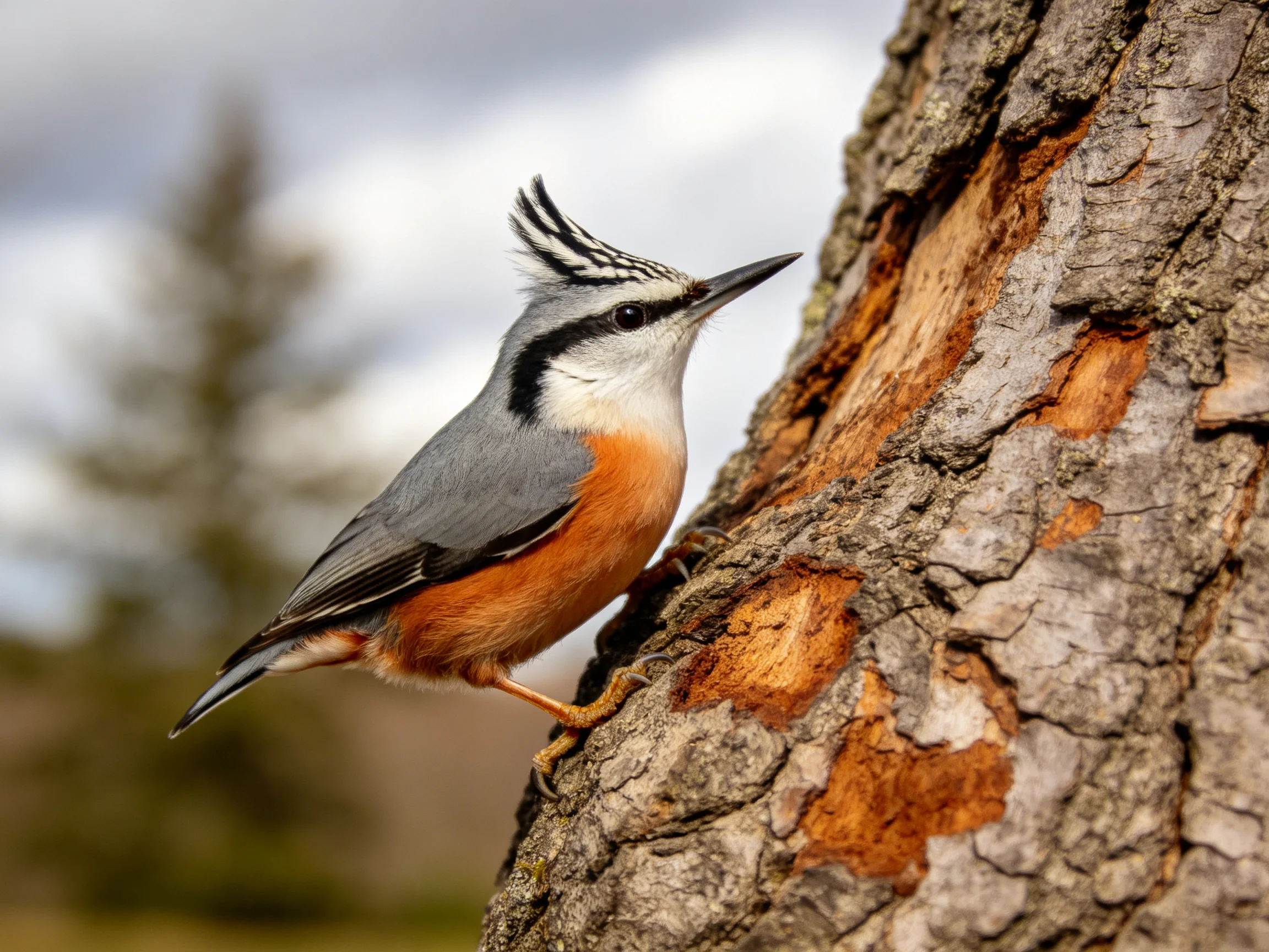 Crested nuthatch with striped crest perches on a textured tree trunk
