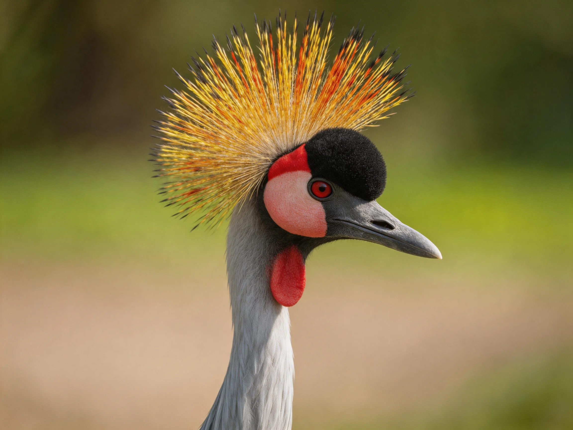 Close - up of a crowned crane displaying its distinctive colorful head crest.
