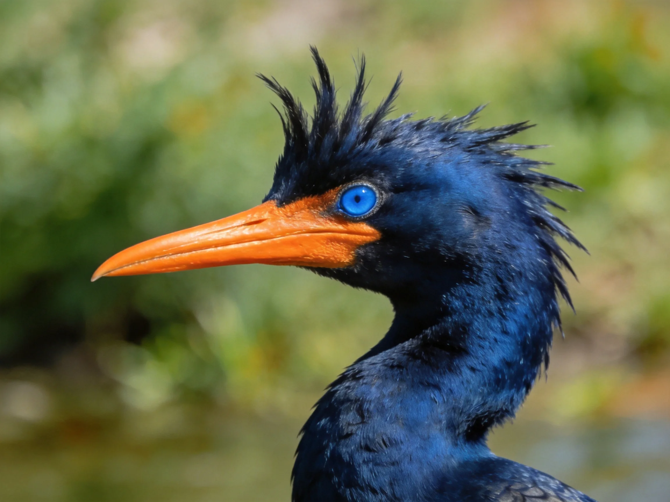 Dark blue bird with orange beak and spiky crest