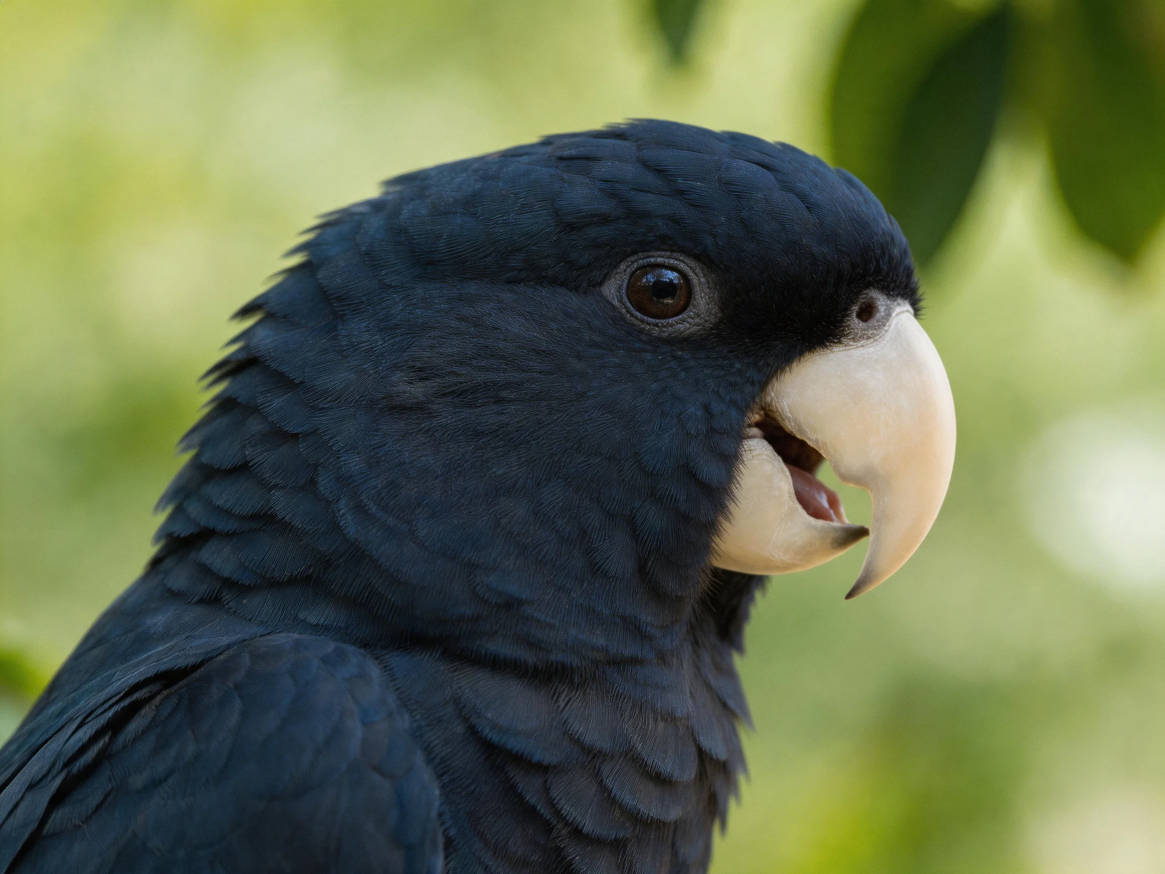 Dark blue parrot with pale beak in leafy setting