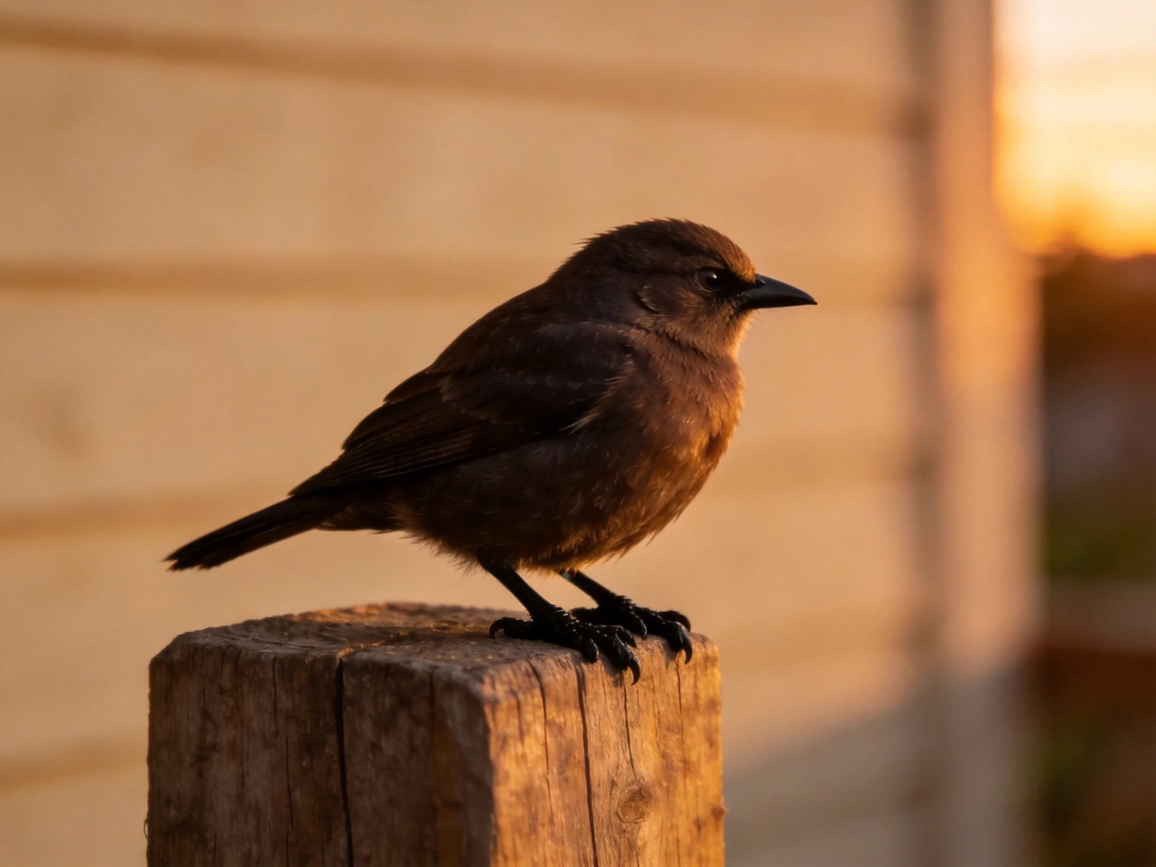 Dark brown bird perched on weathered wooden post beside beige house wall