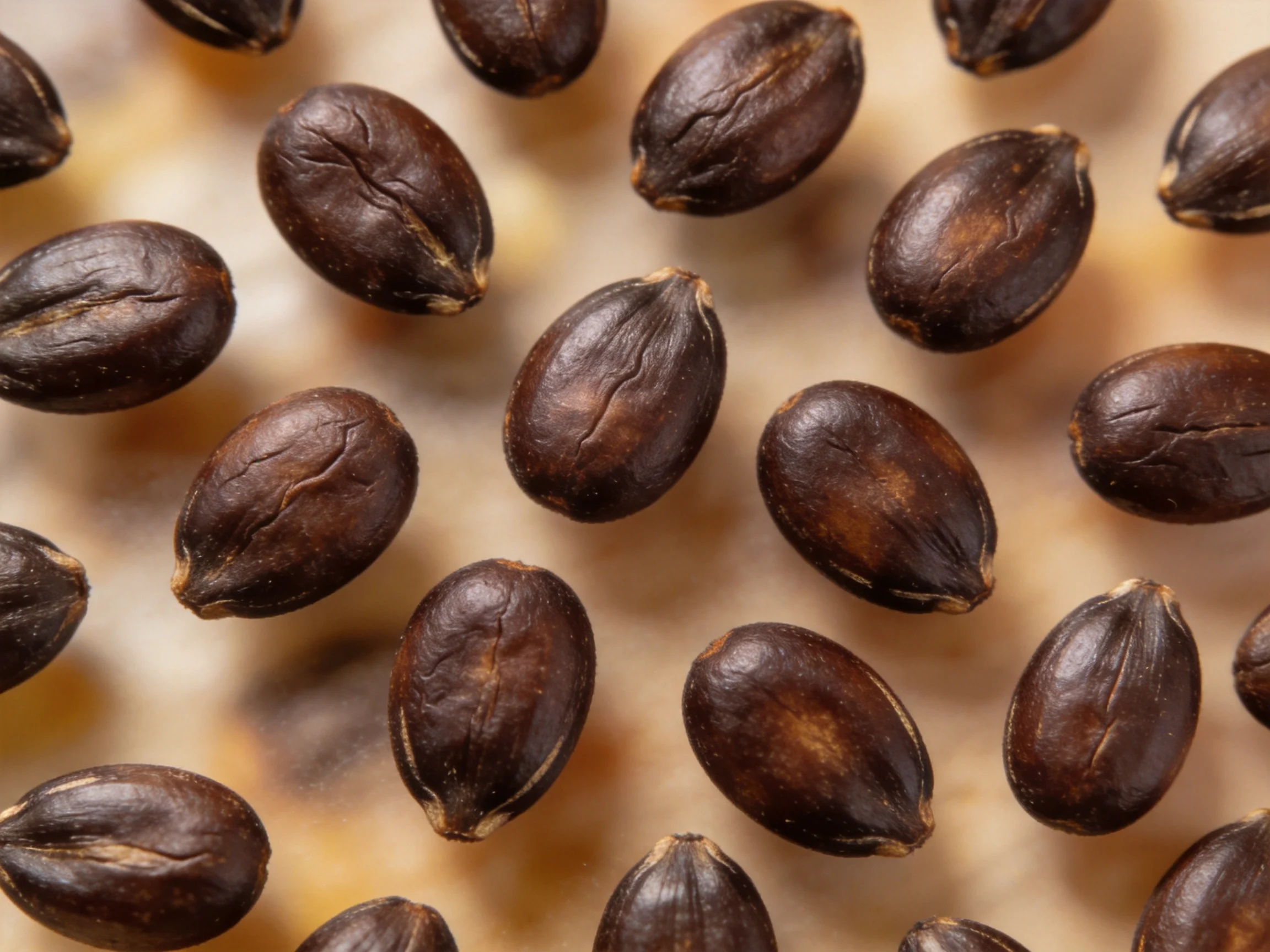 Dark brown coffee beans scattered across a neutral surface
