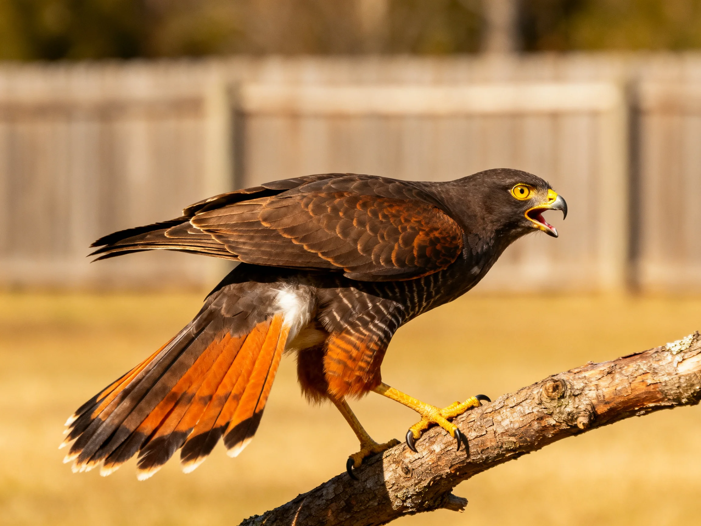 Dark brown hawk with orange tail perches on branch