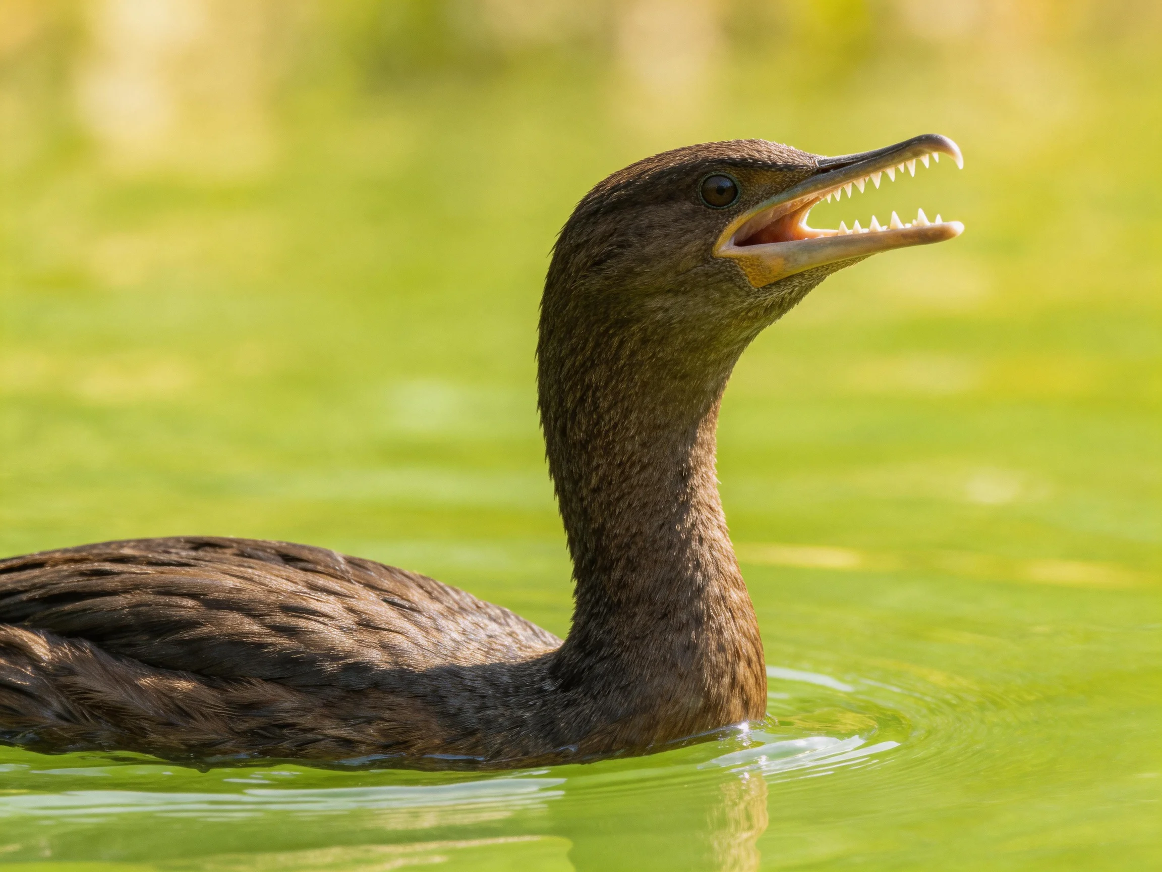 Dark brown waterbird swims in bright green water with open beak