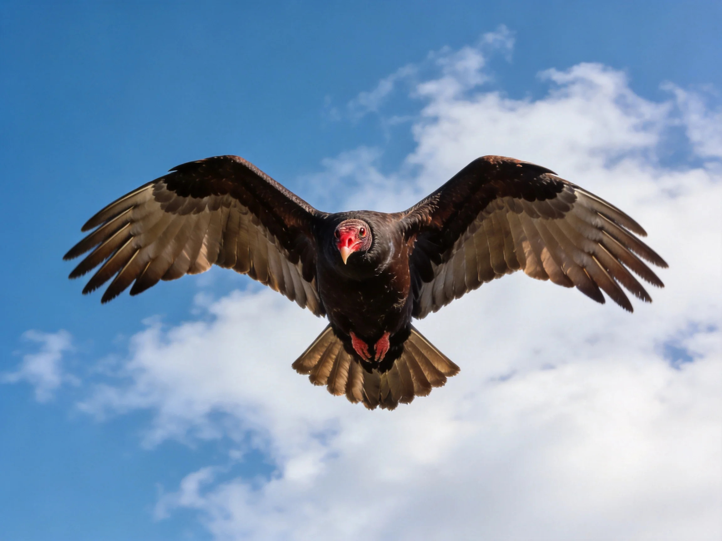 Dark-feathered bird soars with spread wings under blue sky