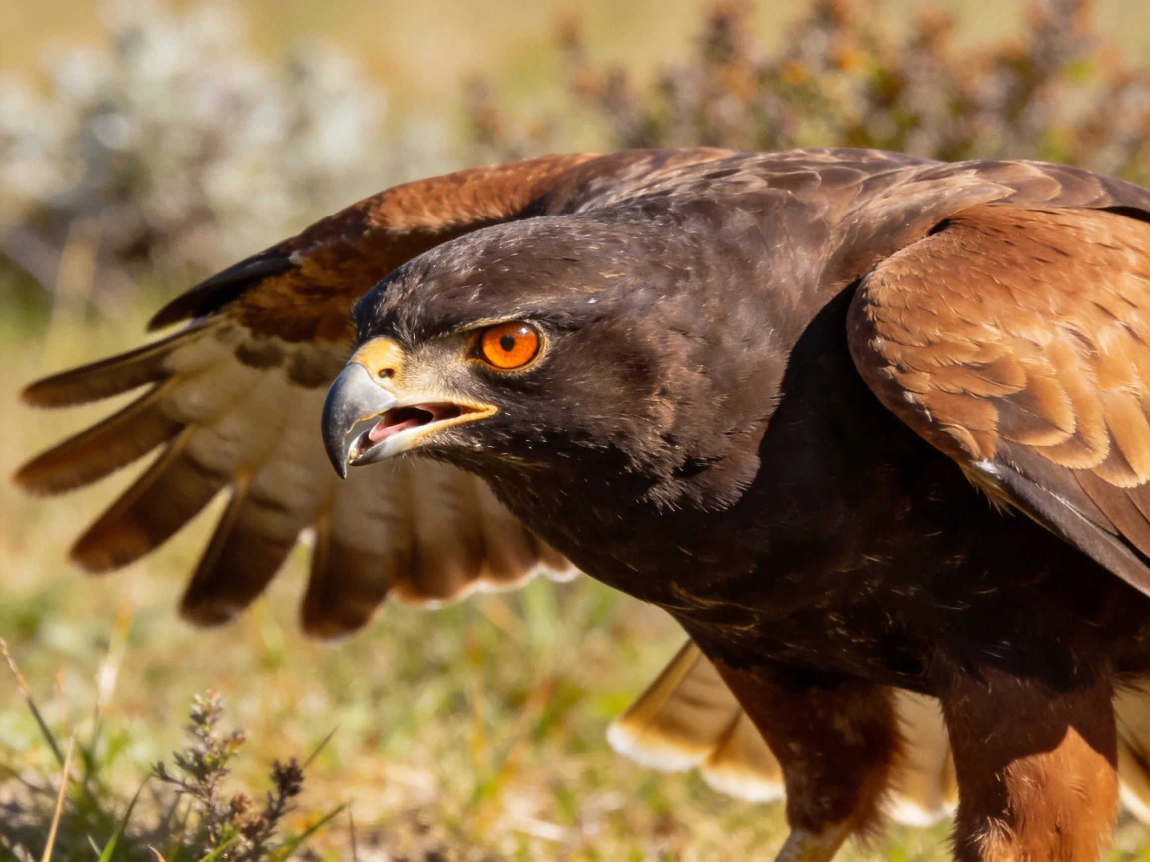 Dark-feathered hawk with orange eyes spreads wings in natural light