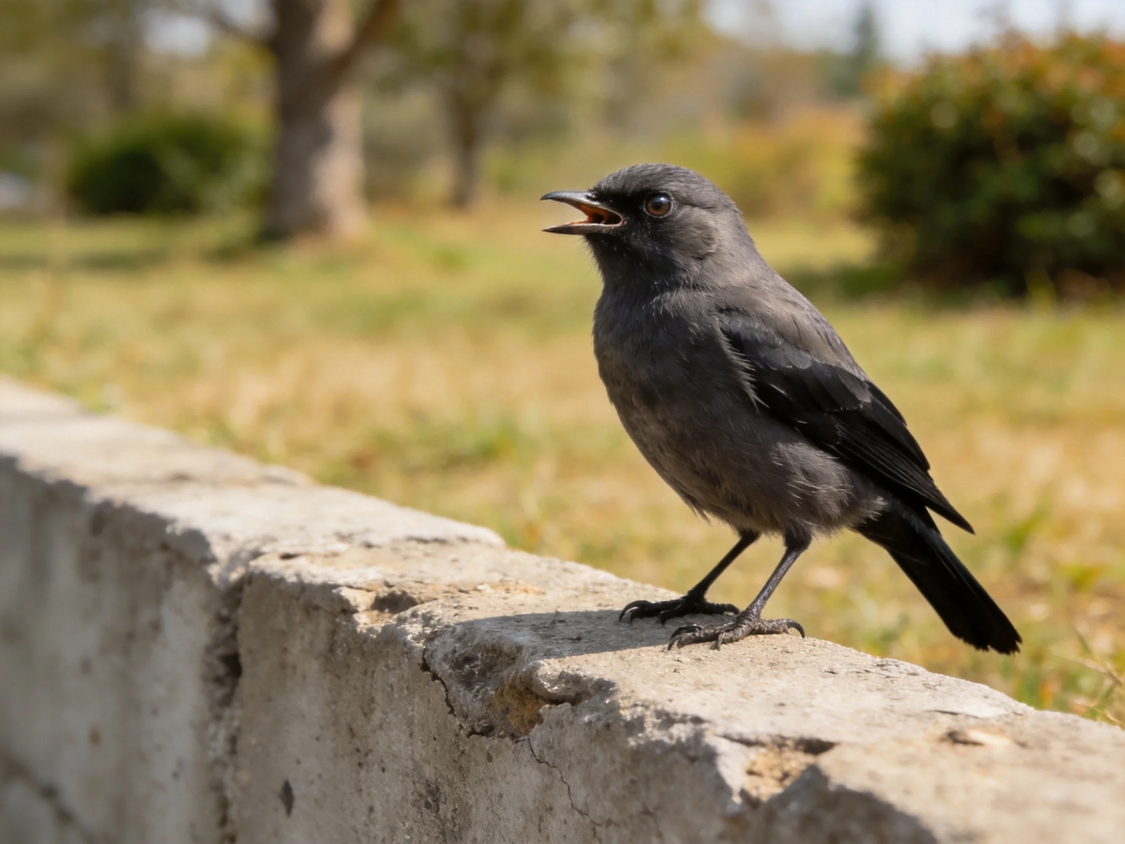Dark gray bird perched on weathered concrete ledge near greenery