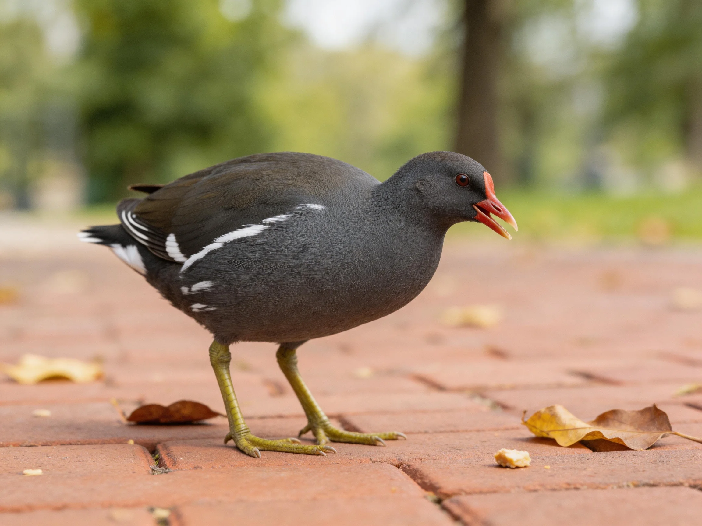 A dark gray moorhen with white stripes stands on a brick pavement.
