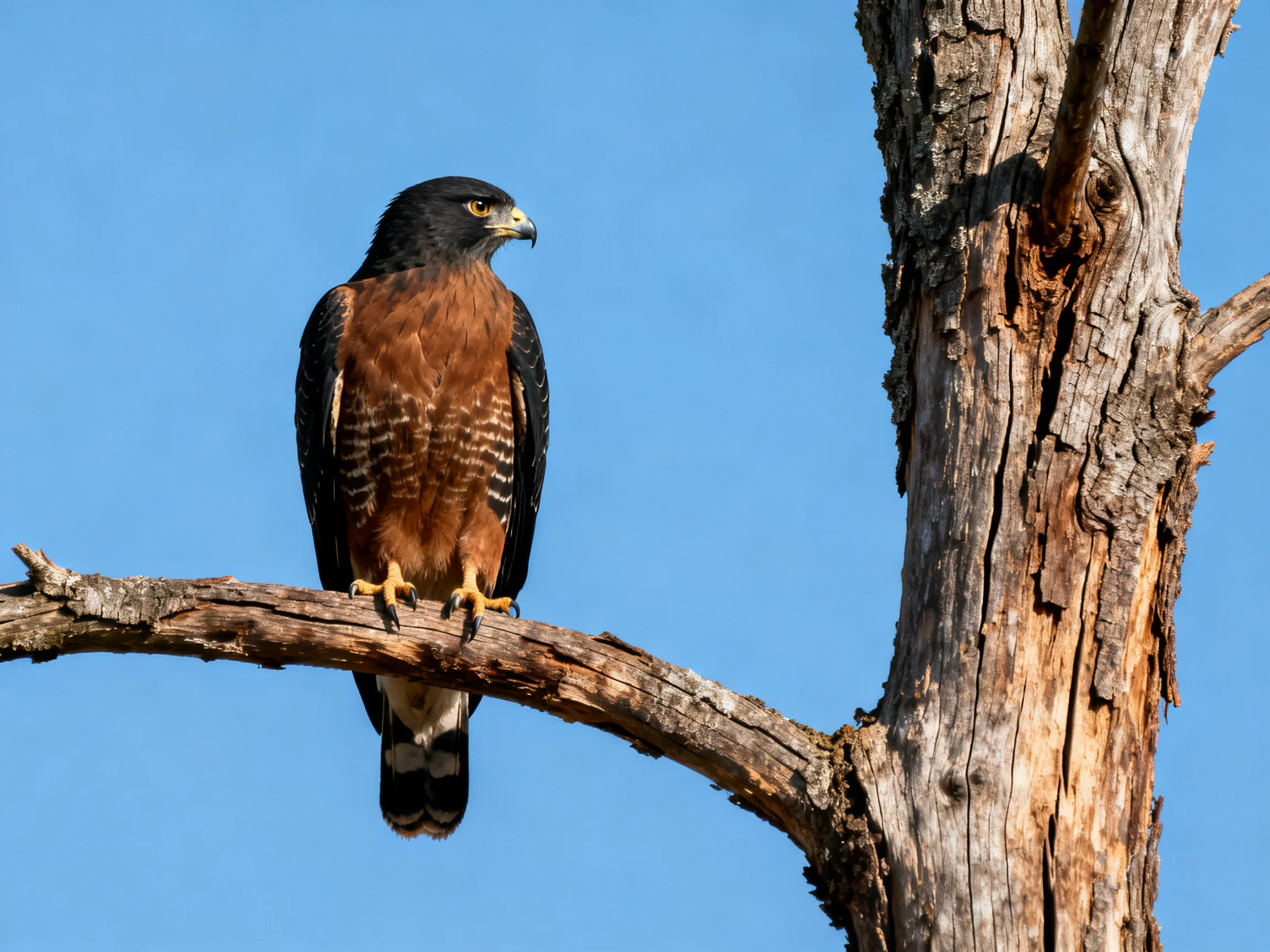 Dark-headed raptor with rust chest perches on aged tree branch