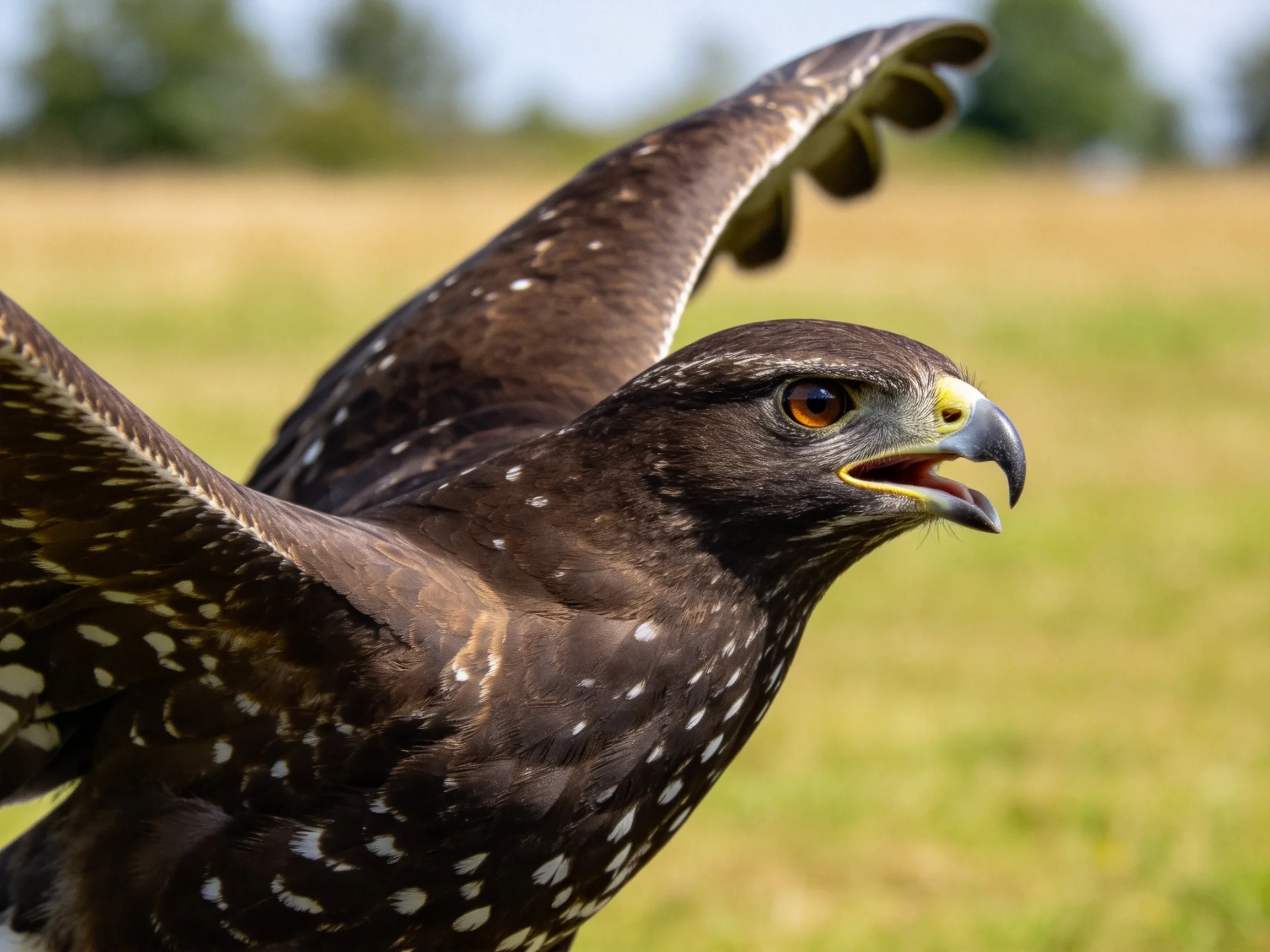 Dark-spotted hawk spreads wings over grassy landscape