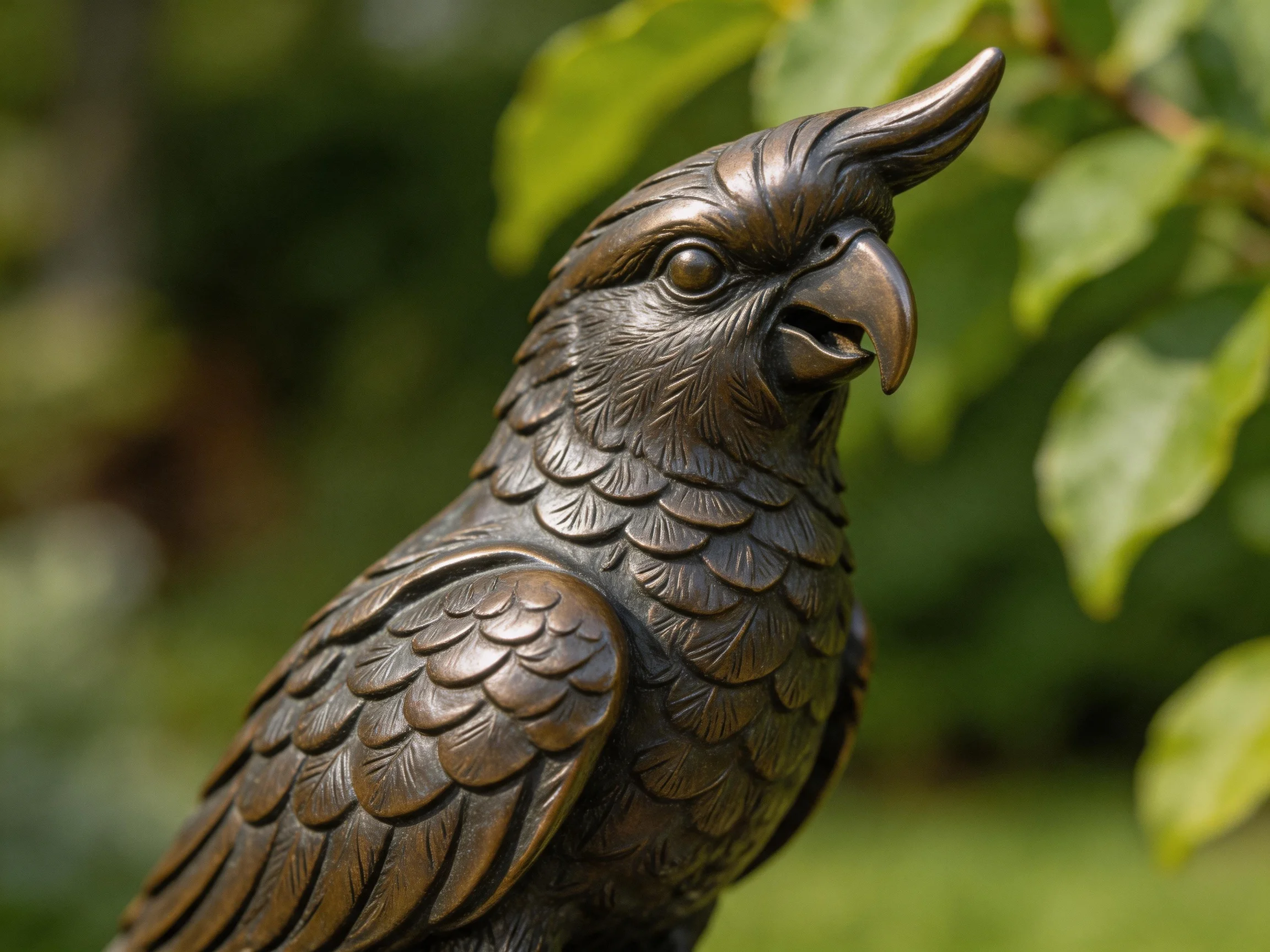 Detailed bronze parrot statue with textured feathers and prominent crest