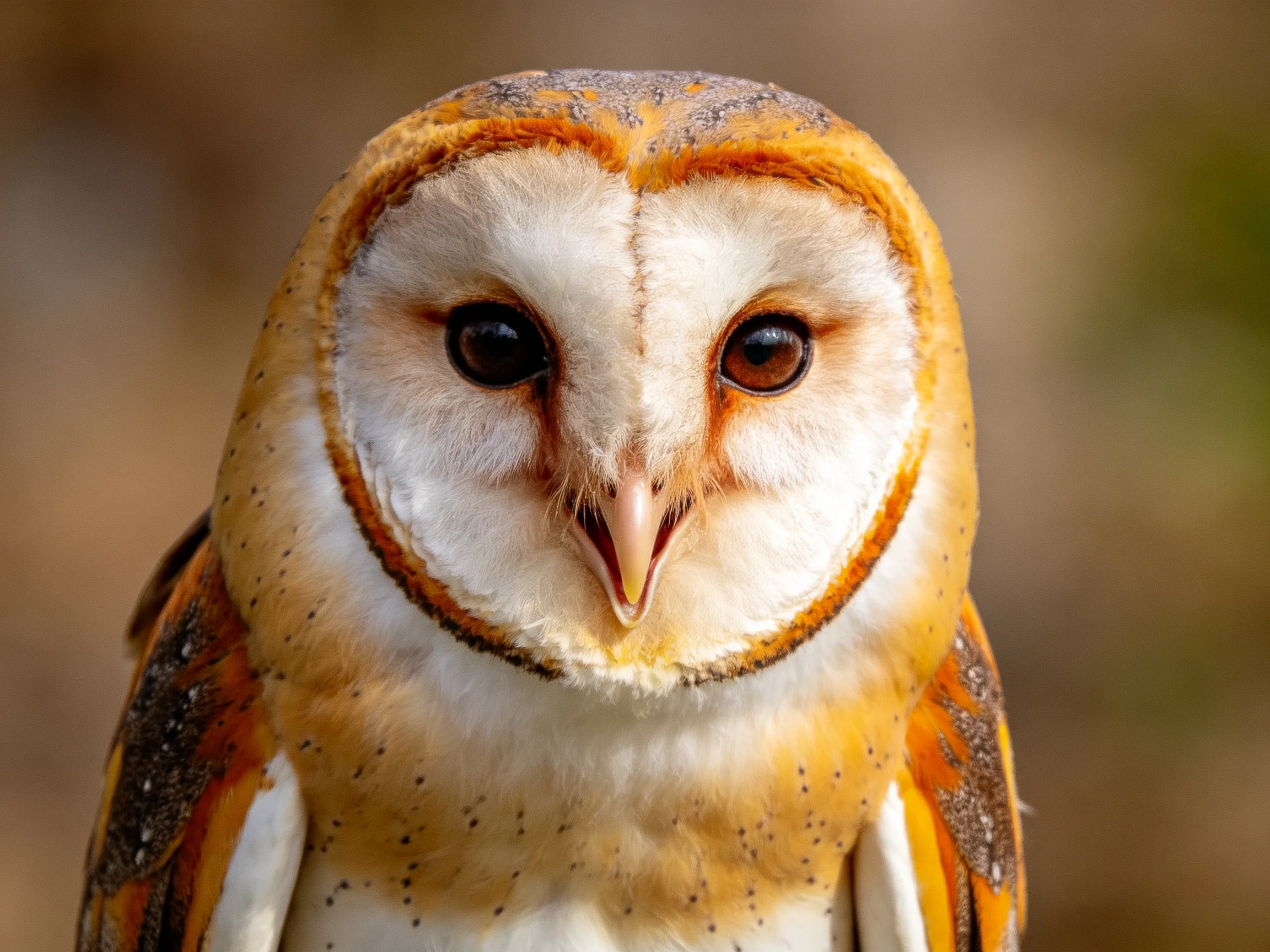 Detailed shot of a barn owl with golden and white feathers