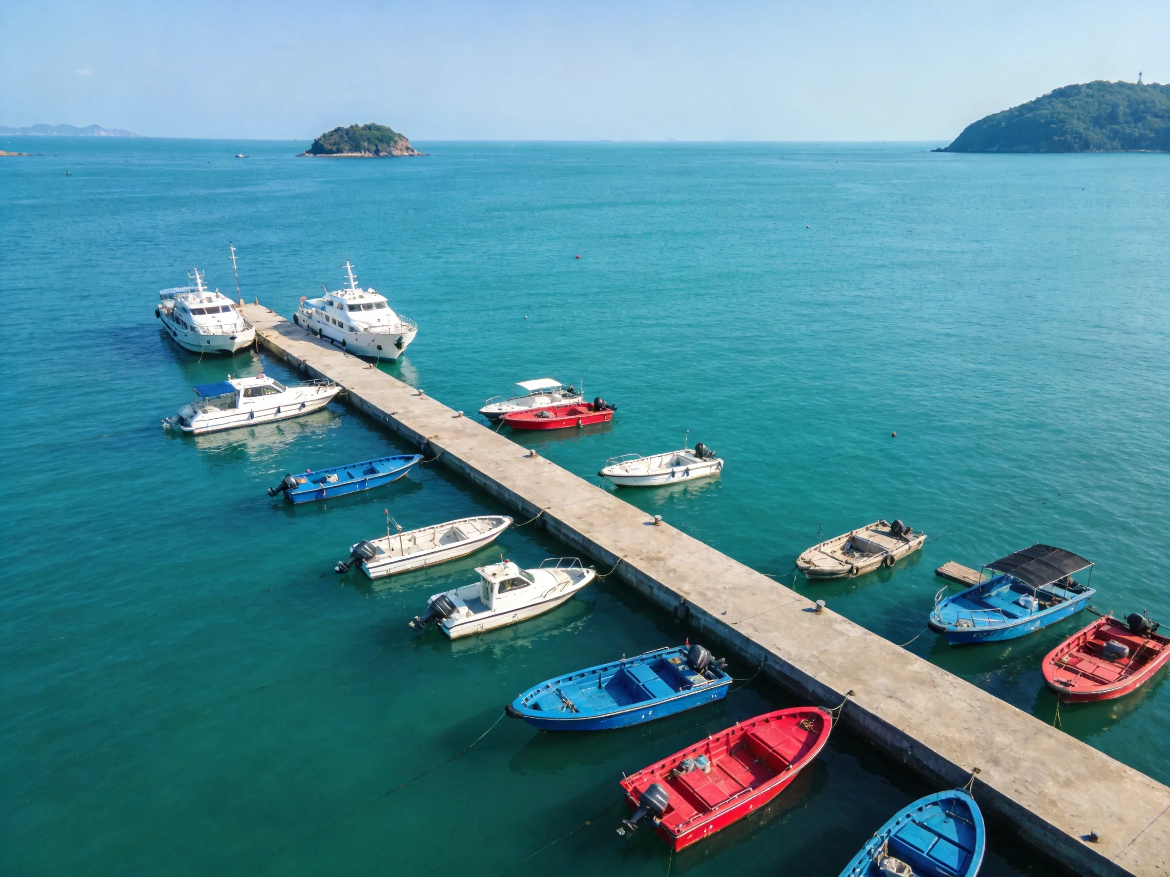 Dock with multiple colored boats near two distant islands