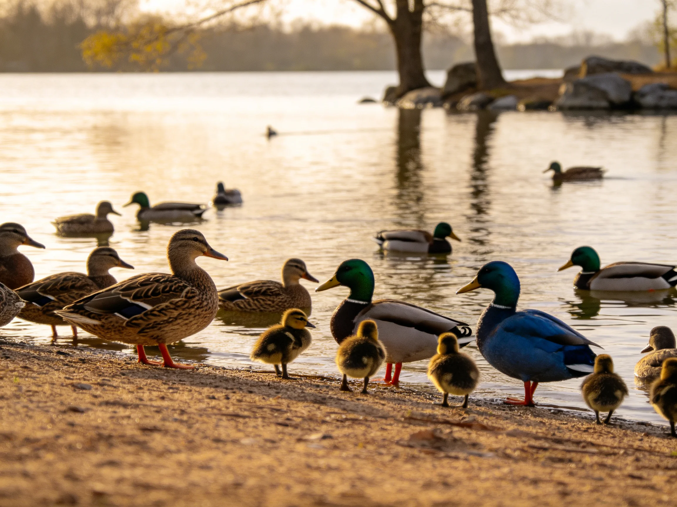 Ducks and ducklings on a sandy lakeshore at golden hour