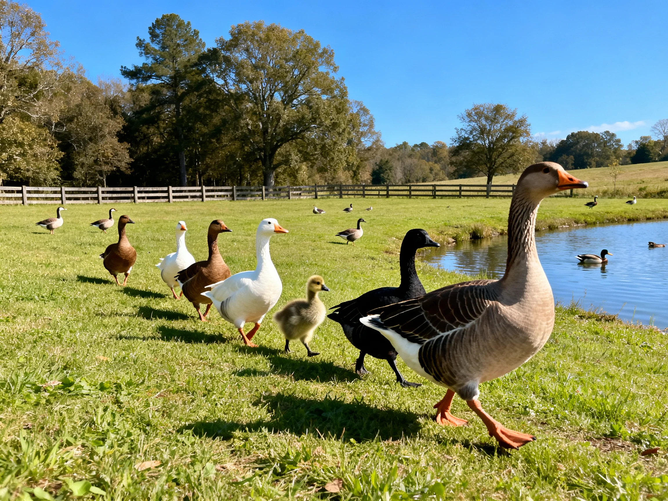 Ducks and geese in diverse colors near a pond by a wooden fence